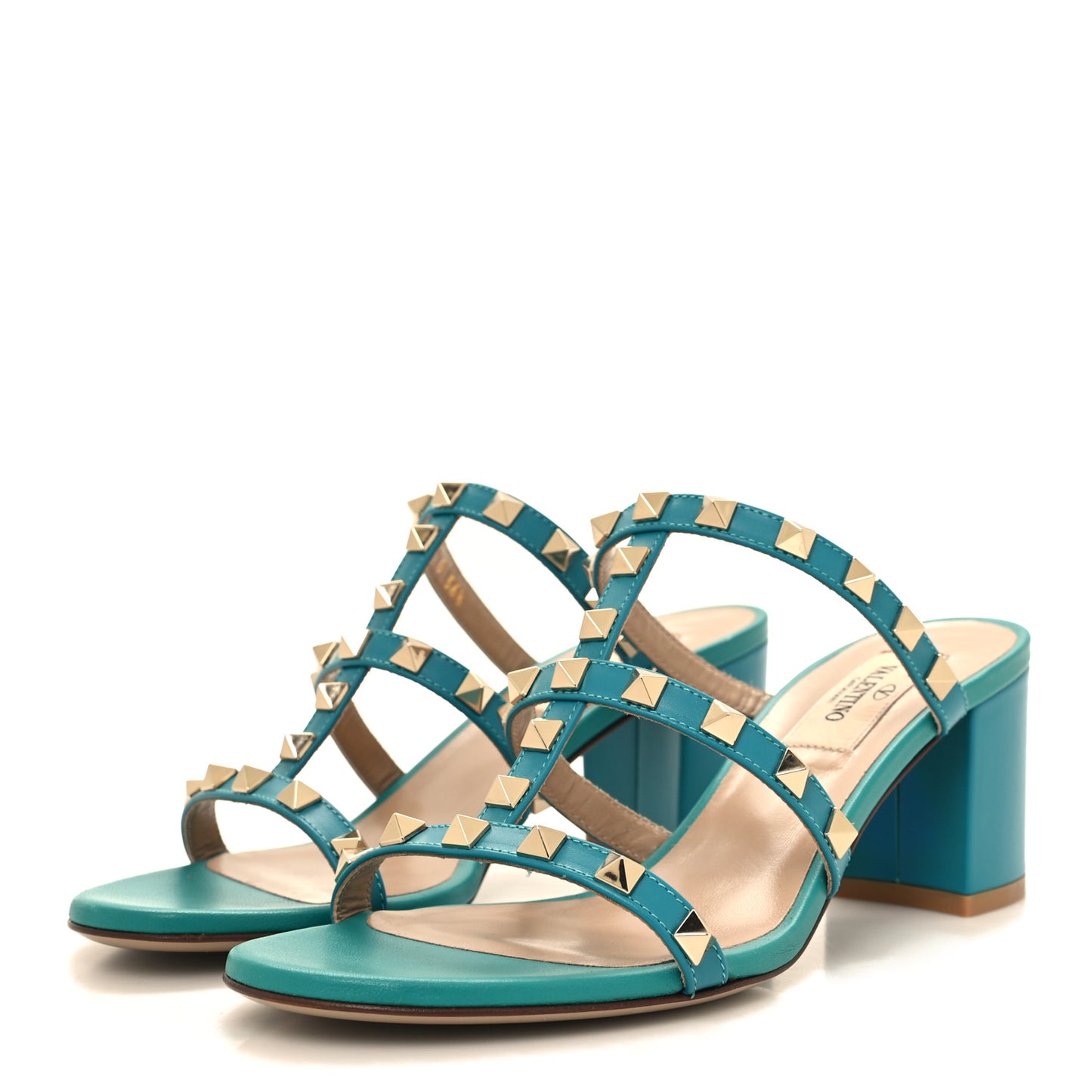 Calfskin Nappa Rockstud 60mm Caged Slide Sandals 36.5 Ultra Marine Green