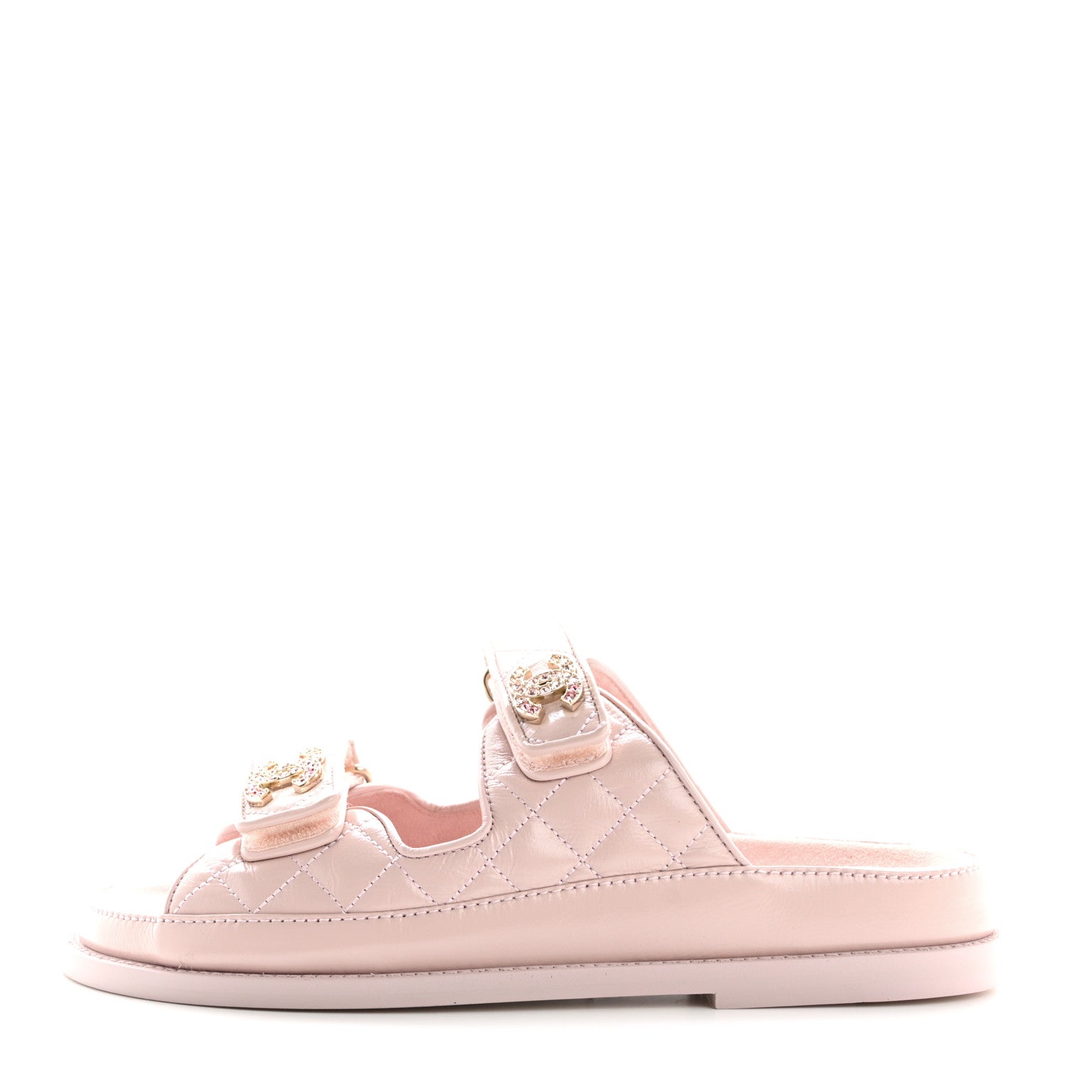 Chanel Shiny Calfskin Quilted Velcro Dad Crystal CC Slide Sandals 37 Light Pink 1 of 10