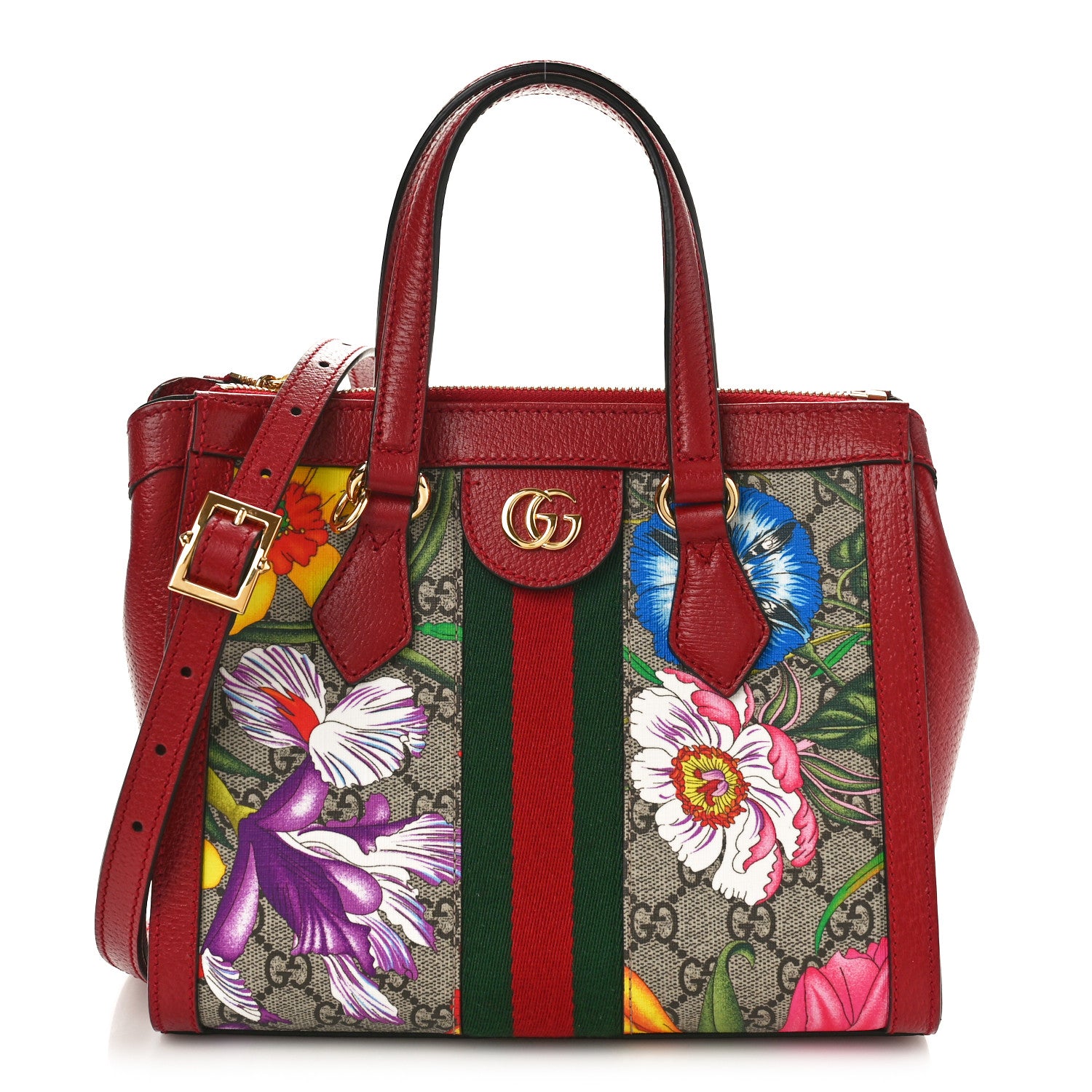 Gucci GG Supreme Monogram Flora Web Small Ophidia Tote Bag Red 1 of 11