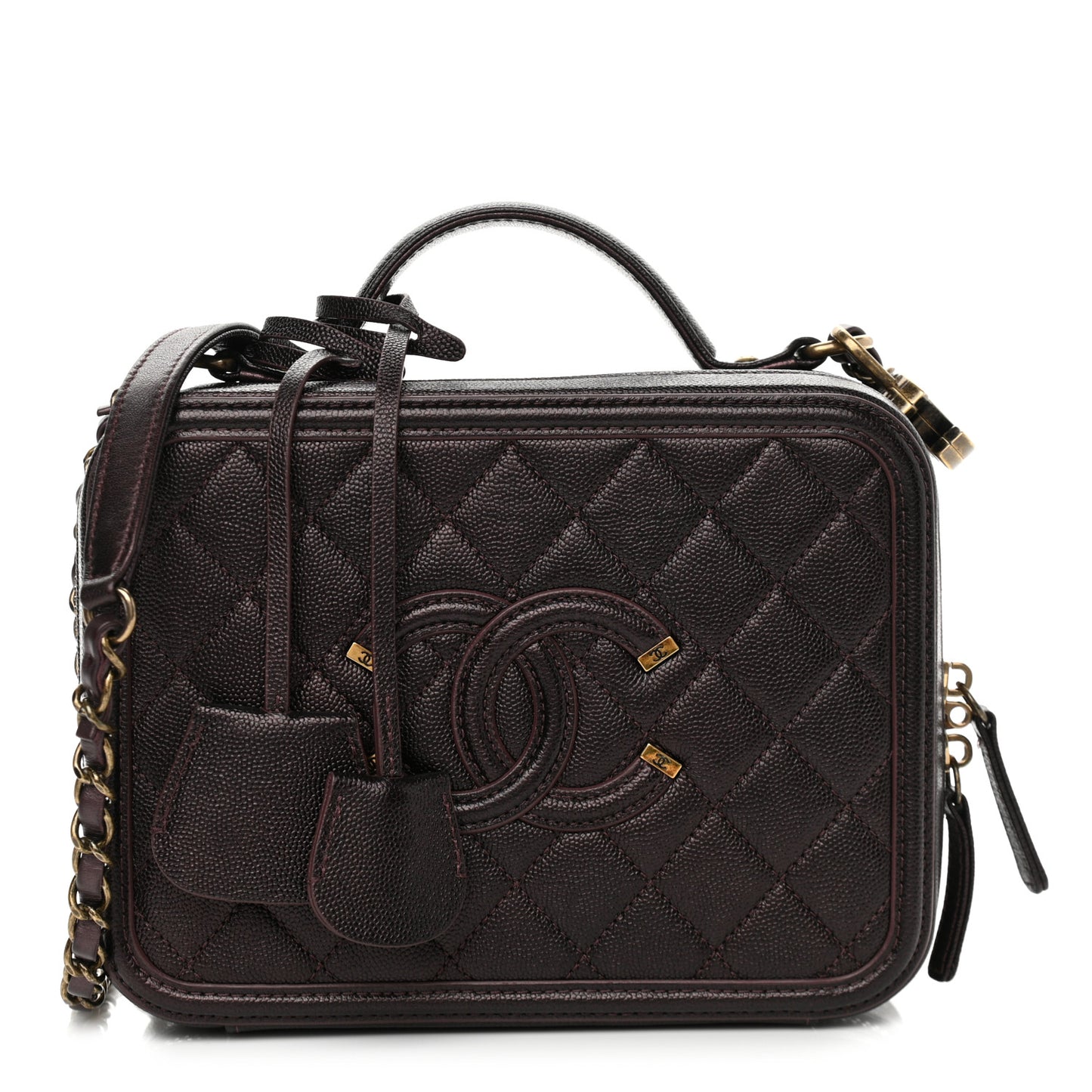 Iridescent Caviar Quilted Medium CC Filigree Vanity Case Burgundy