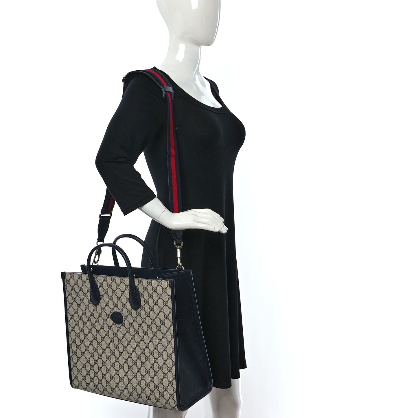GG Supreme Monogram Textured Dollar Calfskin Web Medium Retro Interlocking G Tote Bag Beige Blue