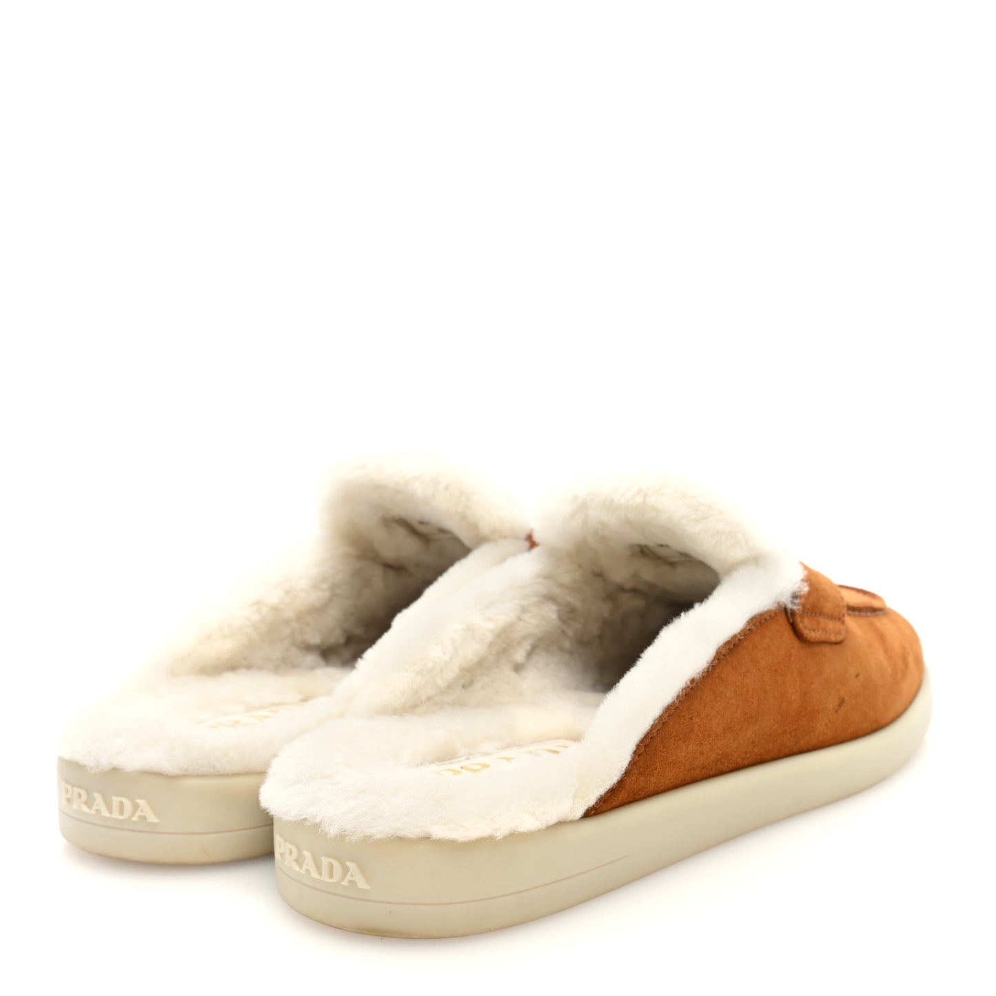 Suede Shearling Triangle Logo Loafer Mules 37 Cognac