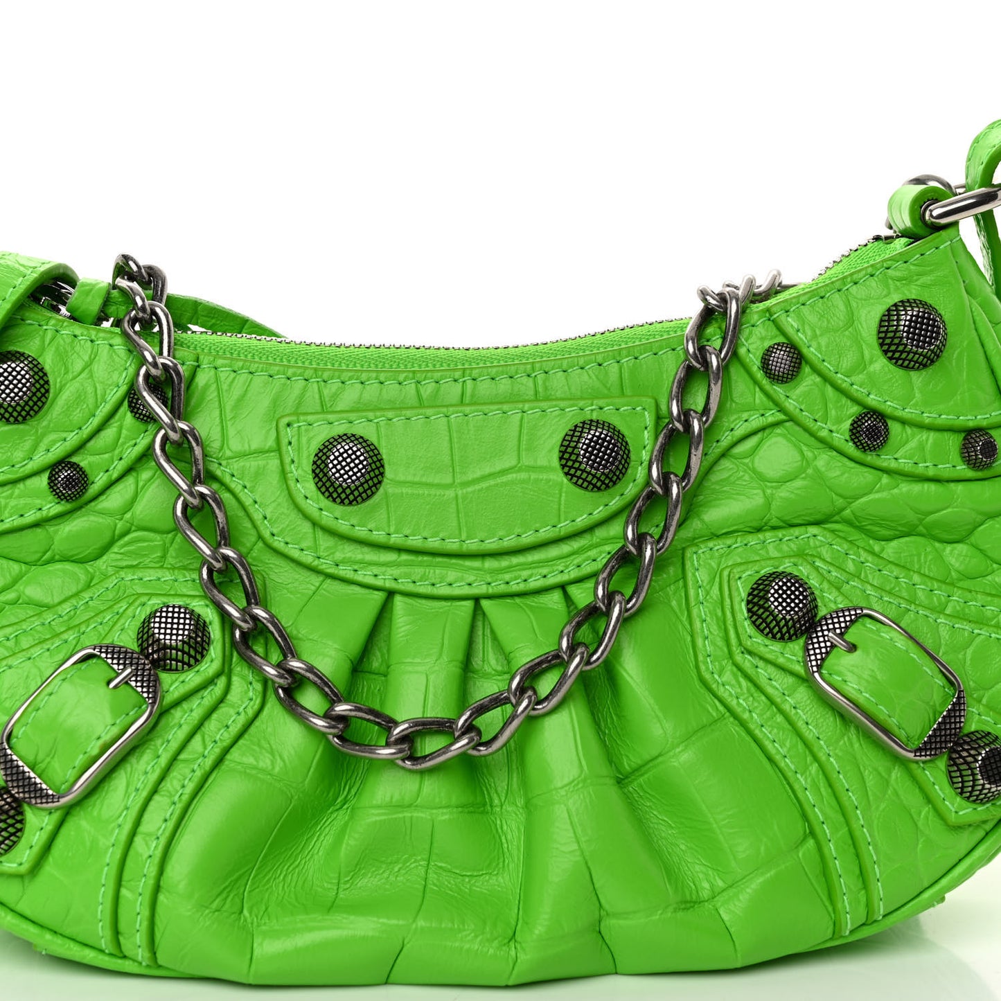 Extra Supple Calfskin Crocodile Embossed Le Cagole Mini Purse With Chain Acid Green