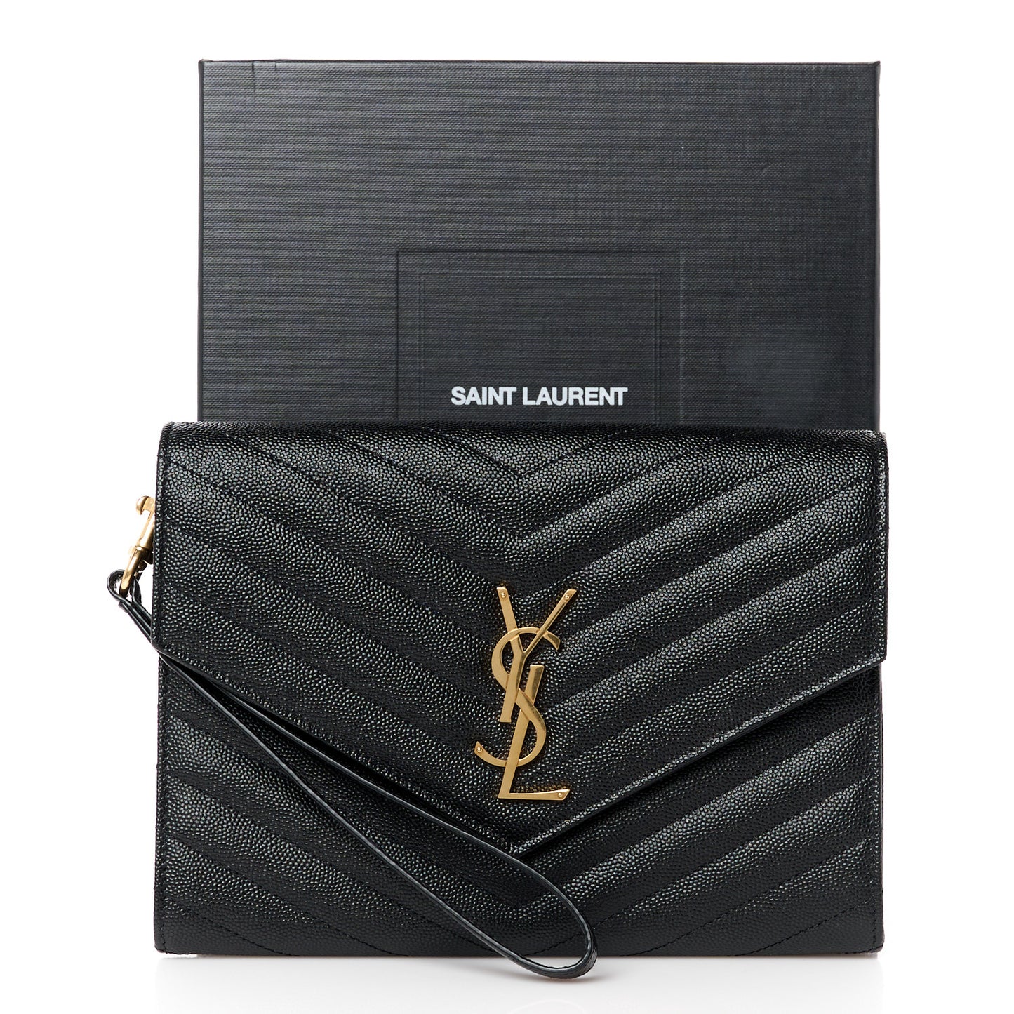 Grain De Poudre Matelasse Chevron Monogram Envelope Clutch Black
