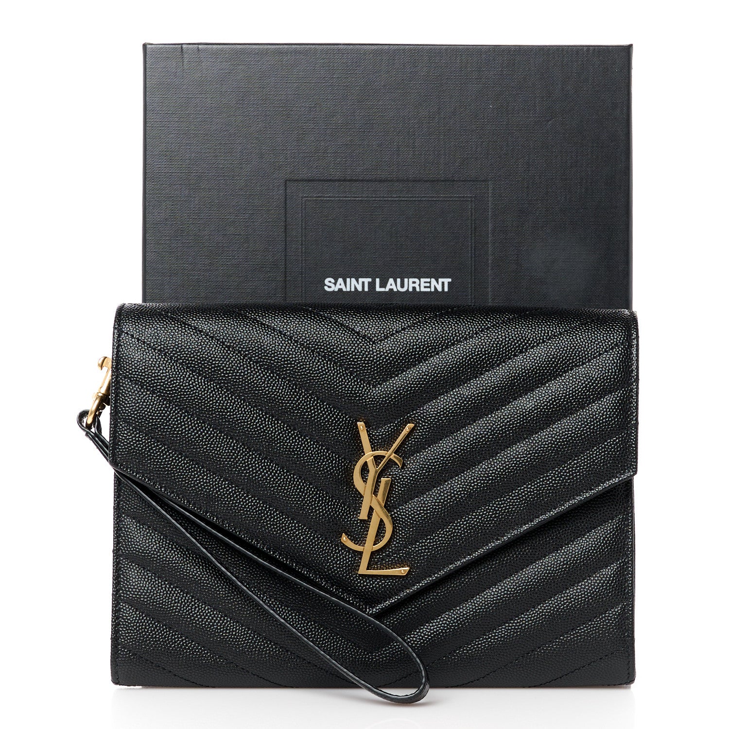 Saint Laurent Grain De Poudre Matelasse Chevron Monogram Envelope Clutch Black 11 of 11