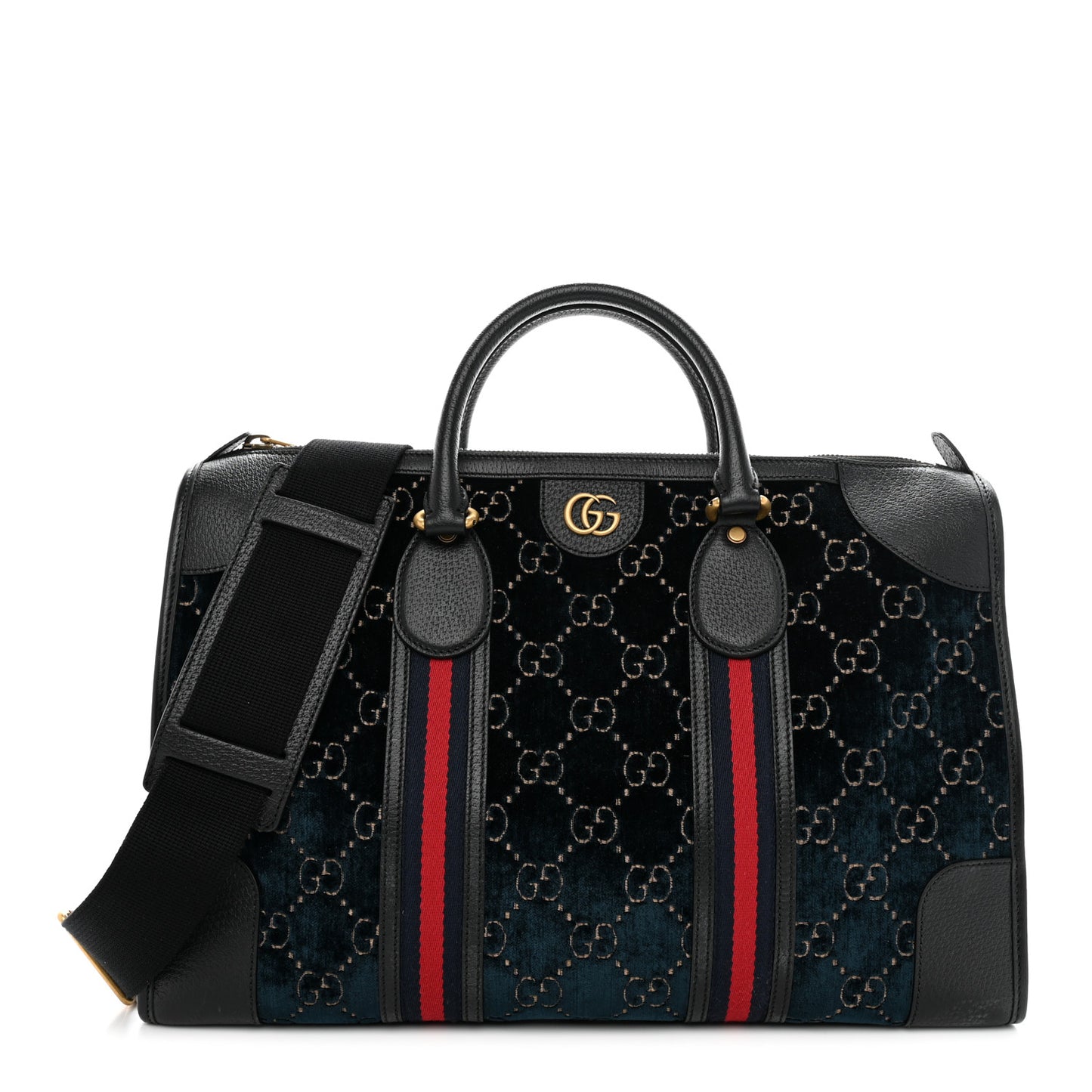 Velvet GG Monogram Textured Calfskin Web Medium Duffle Bag Blue Beige Black