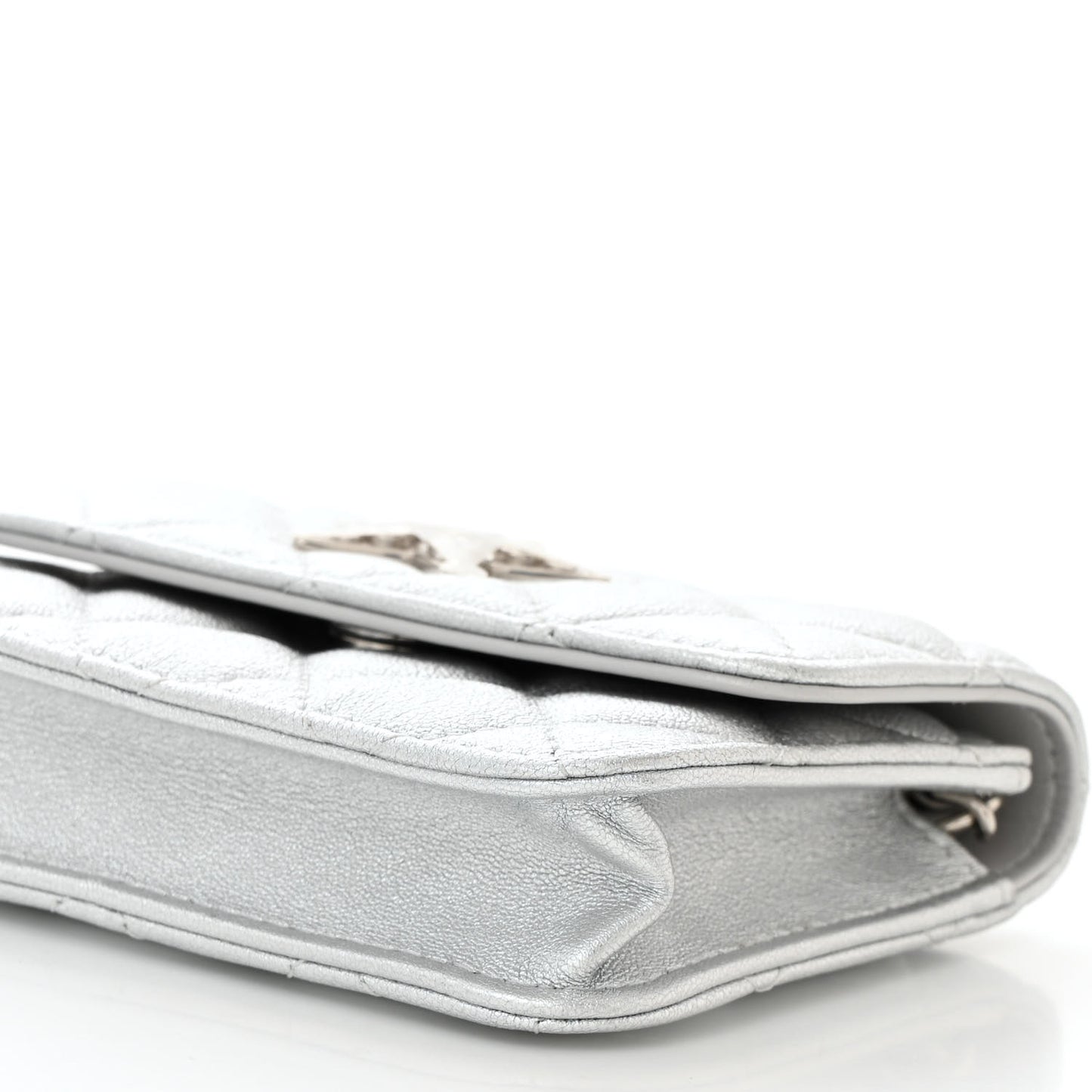 Metallic Goatskin Quilted Crystal CC Walk Of Fame Clutch With Chain Silver