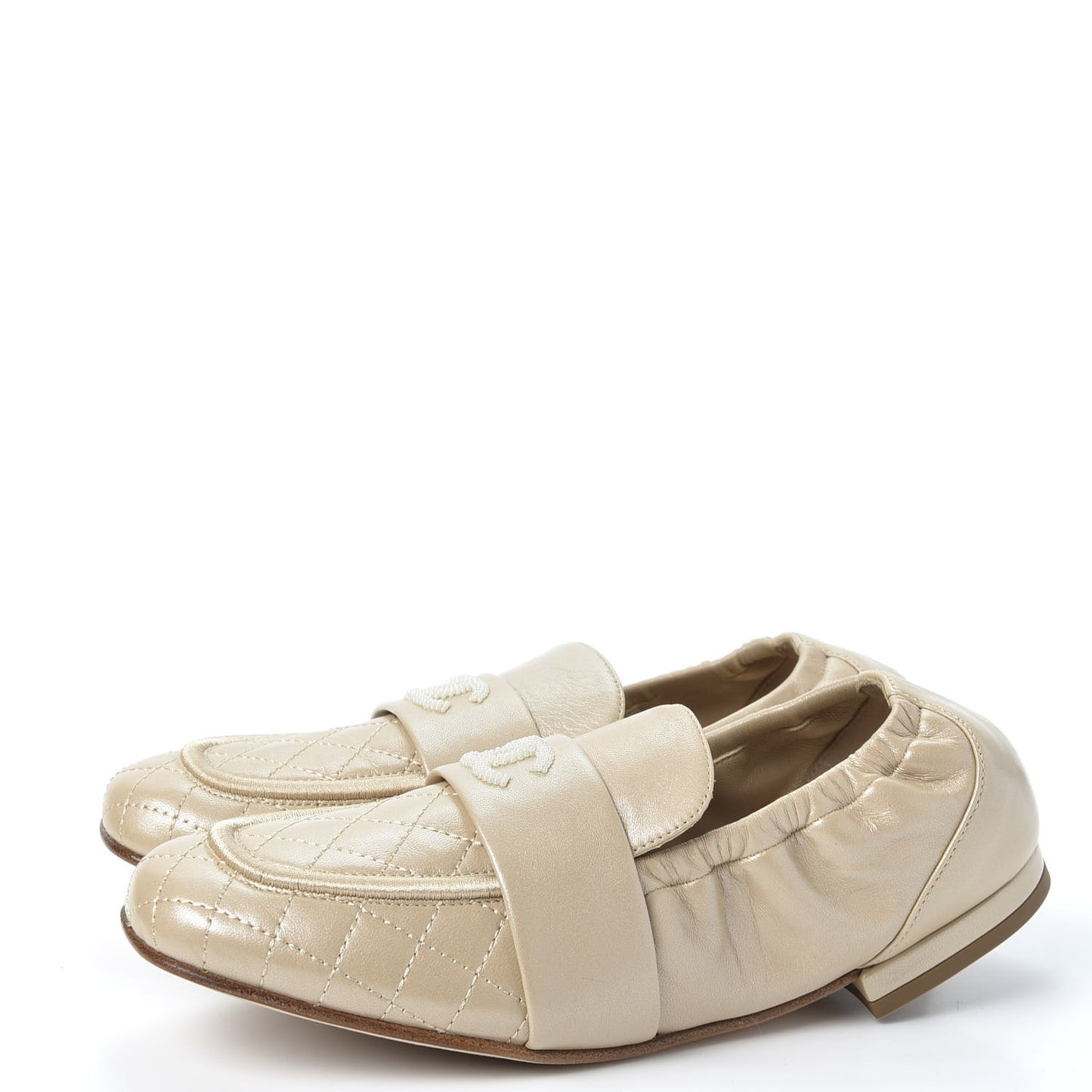 Laminated Lambskin Womens Quilted Elastic CC Moccasin Loafers 36.5 Beige