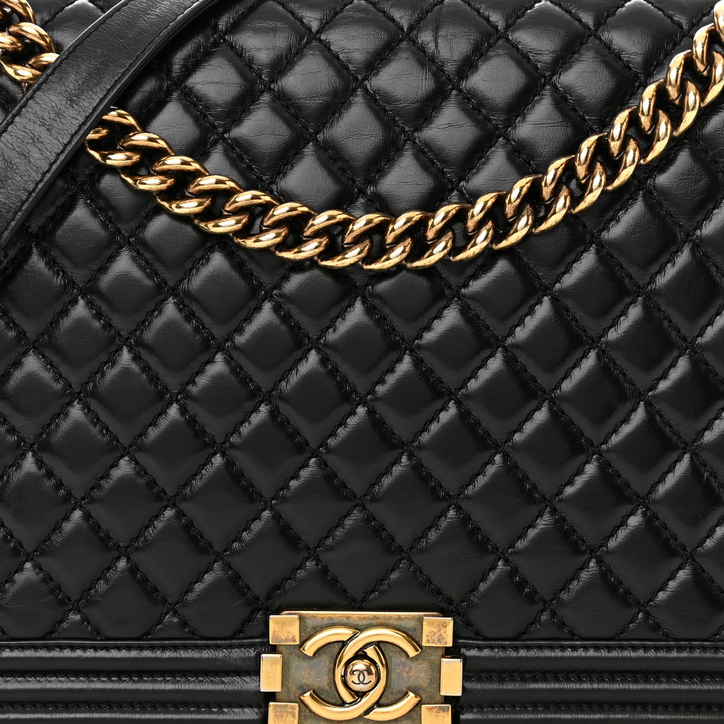 Glazed Calfskin Quilted Large Boy Flap Black