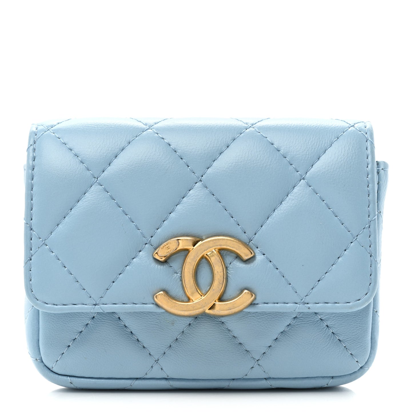 Lambskin Lacquered Metal Quilted Flap Chain Belt Bag Blue