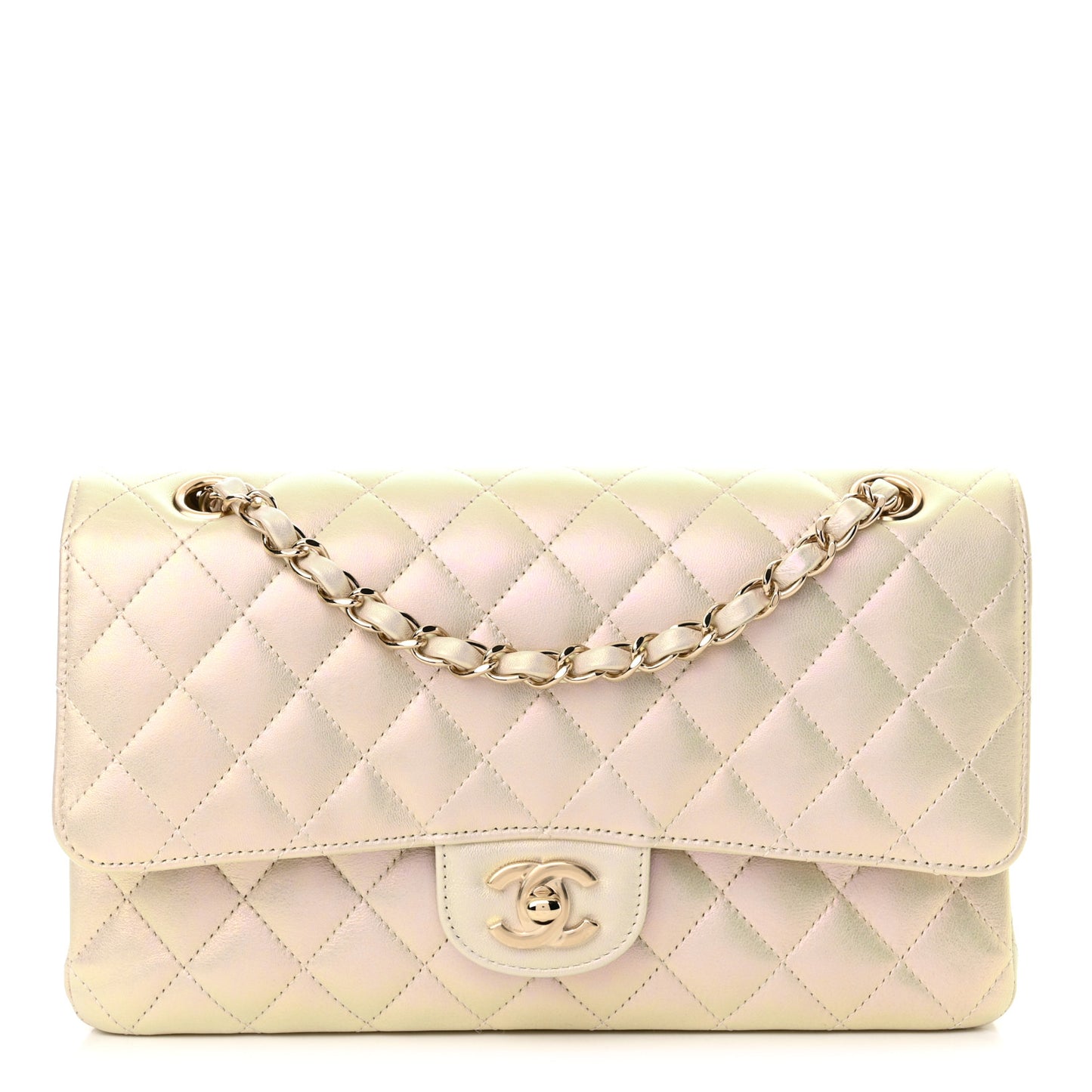 Iridescent Lambskin Quilted Medium Double Flap Ivory