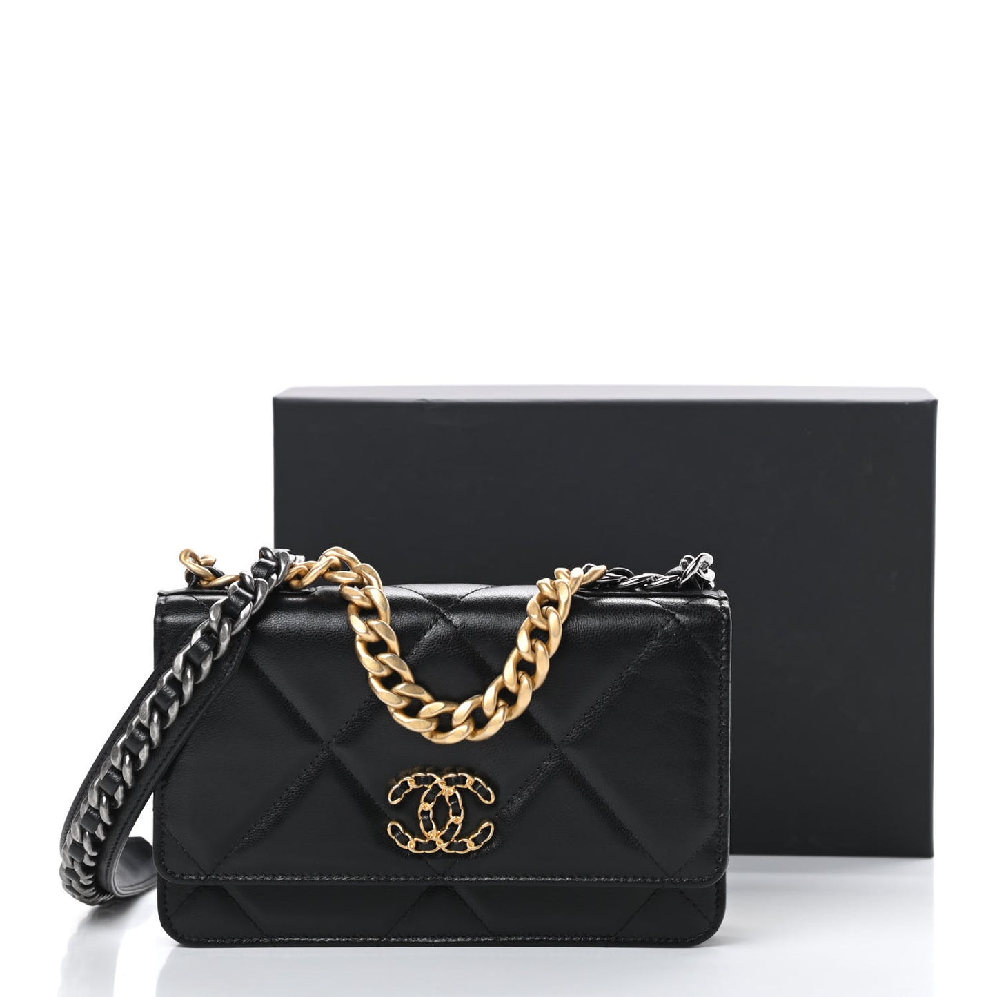 Shiny Goatskin Quilted Chanel 19 Wallet On Chain WOC Black