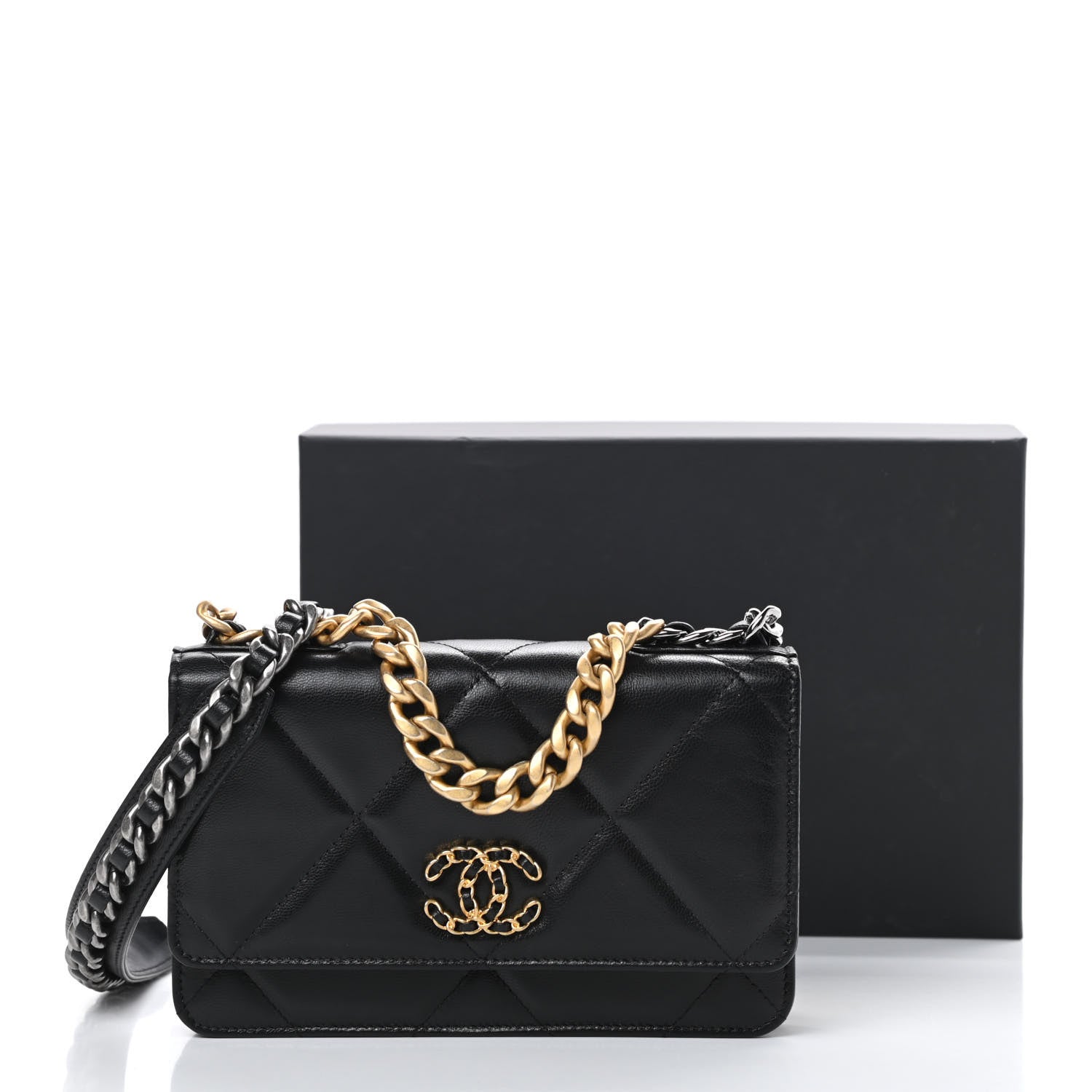 Chanel Shiny Goatskin Quilted Chanel 19 Wallet On Chain WOC Black 13 of 13