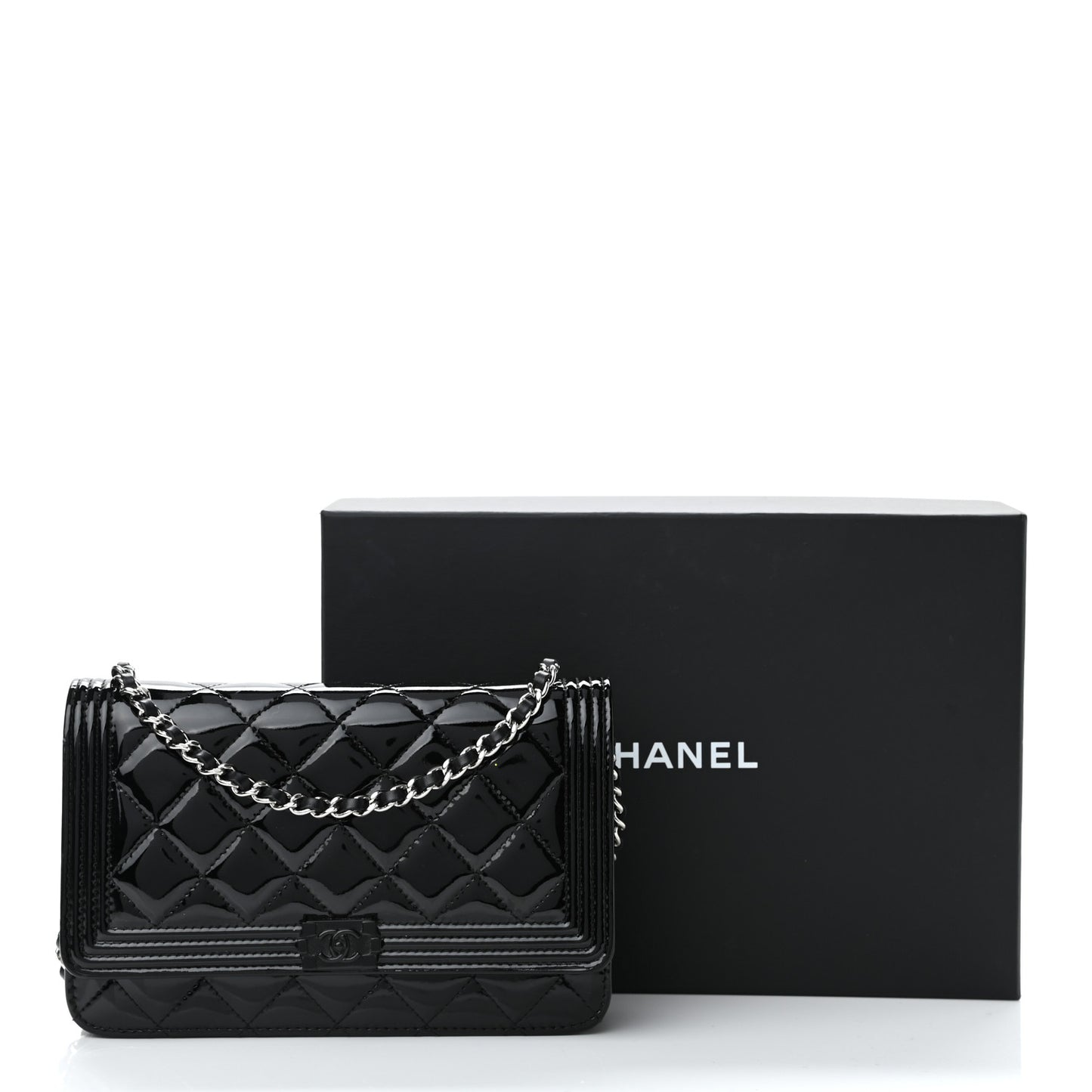 Patent Calfskin Quilted Boy Wallet On Chain WOC Black