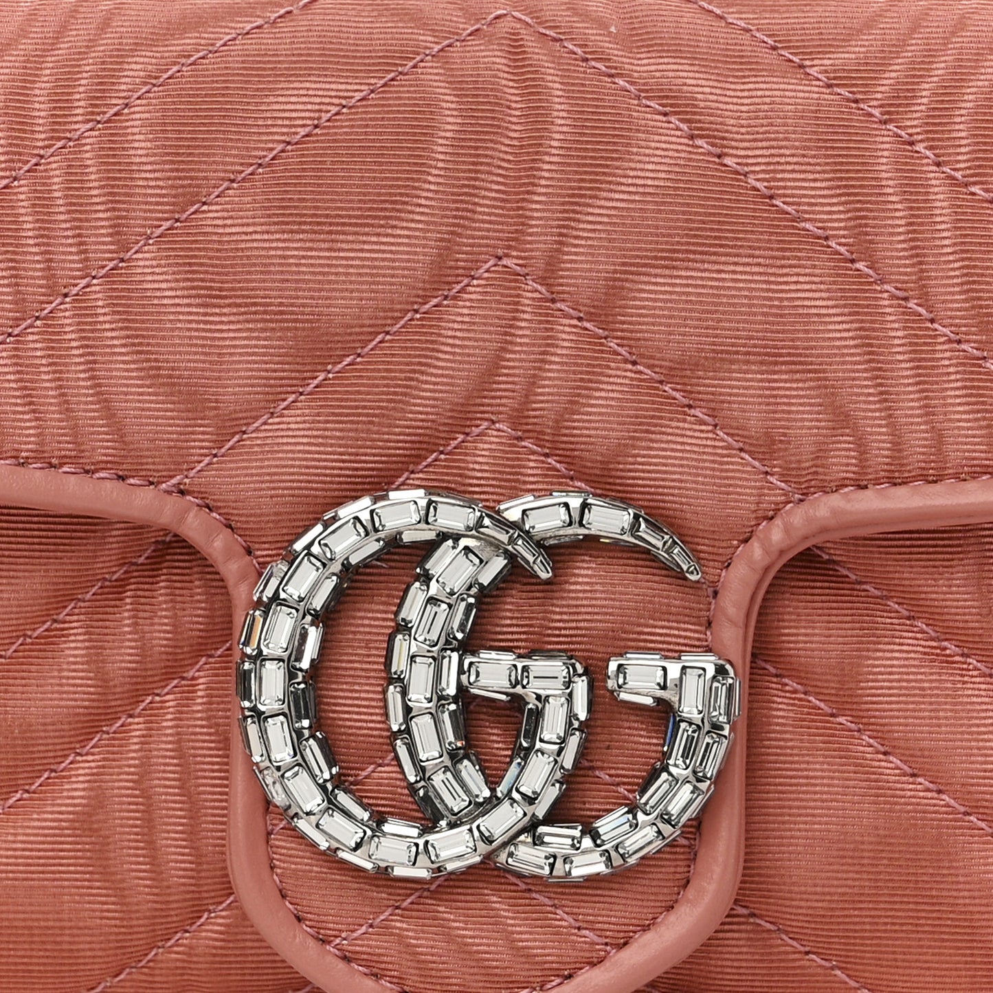 Moire Fabric Calfskin Crystal Matelasse Mini GG Marmont Chain Belt Bag 95 38 Blush