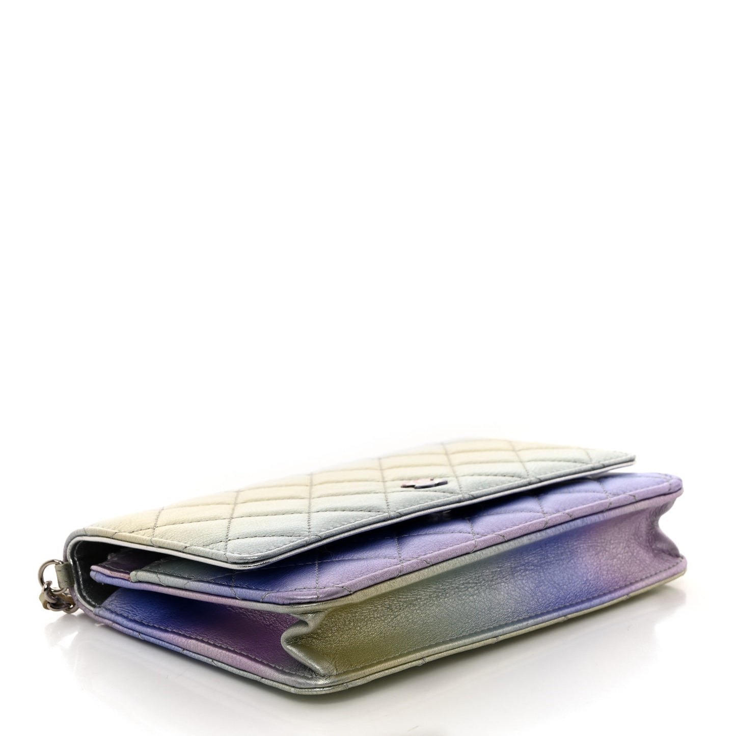 Gradient Metallic Calfskin Quilted Wallet On Chain WOC Silver Blue Yellow Purple