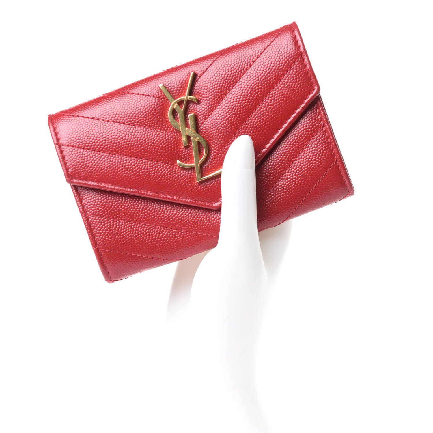 Saint Laurent Grain De Poudre Matelasse Chevron Small Monogram Envelope Wallet Rouge Eros 2 of 8