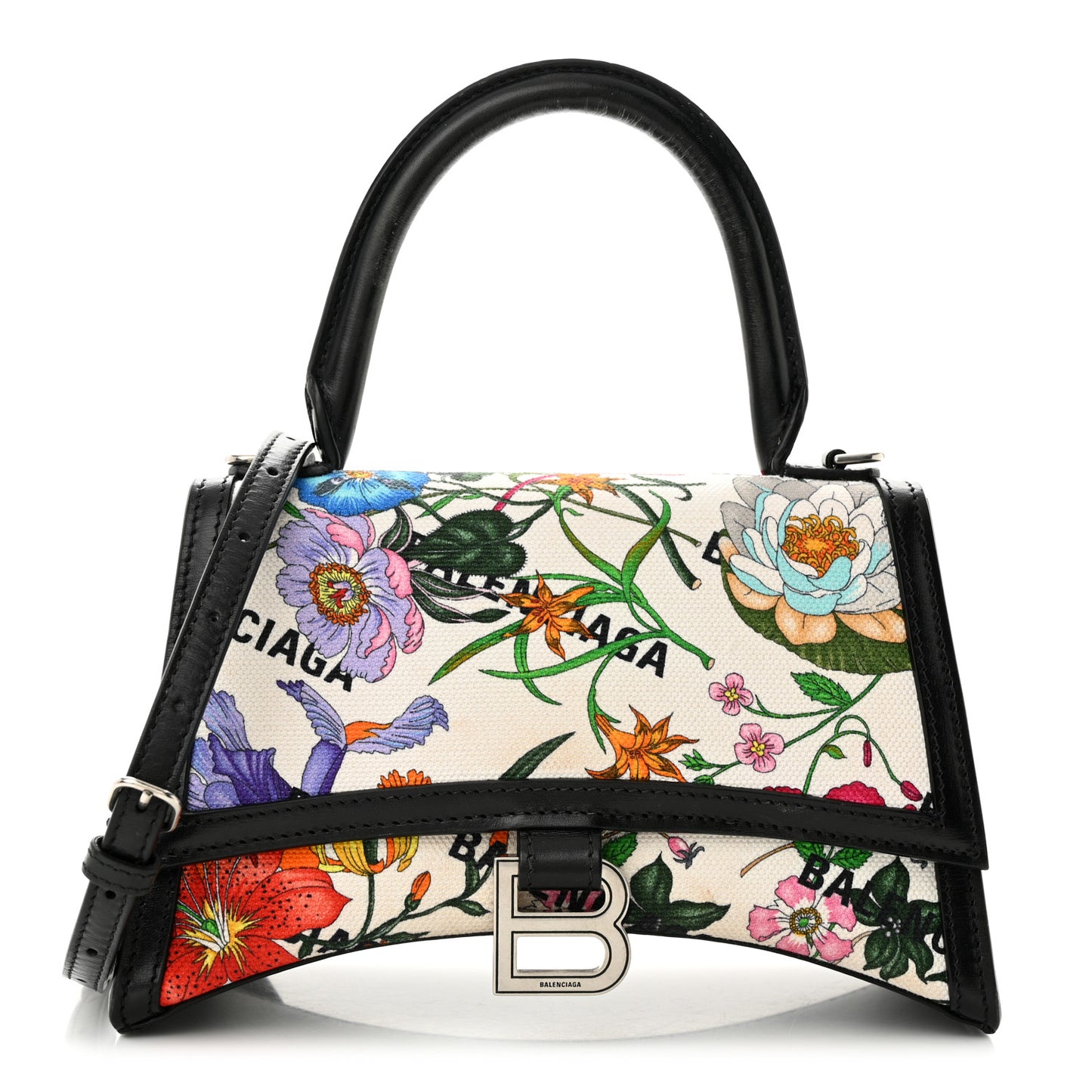 X GUCCI Canvas Boarded Plutone Calfskin Flora Logo Print Small Hourglass Top Handle Bag White Multicolor Black
