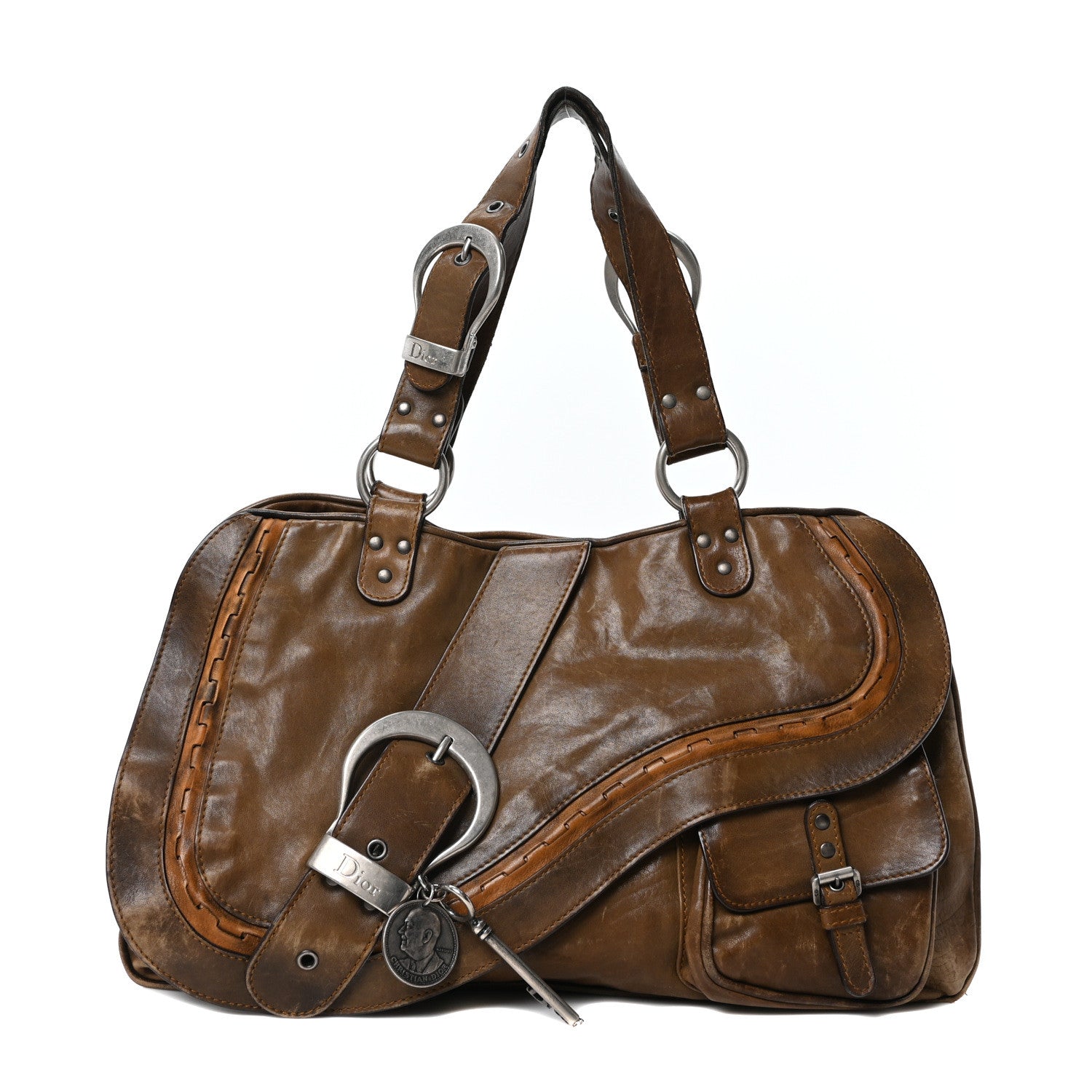 Christian Dior Calfskin Medium Gaucho Double Saddle Bag Brown