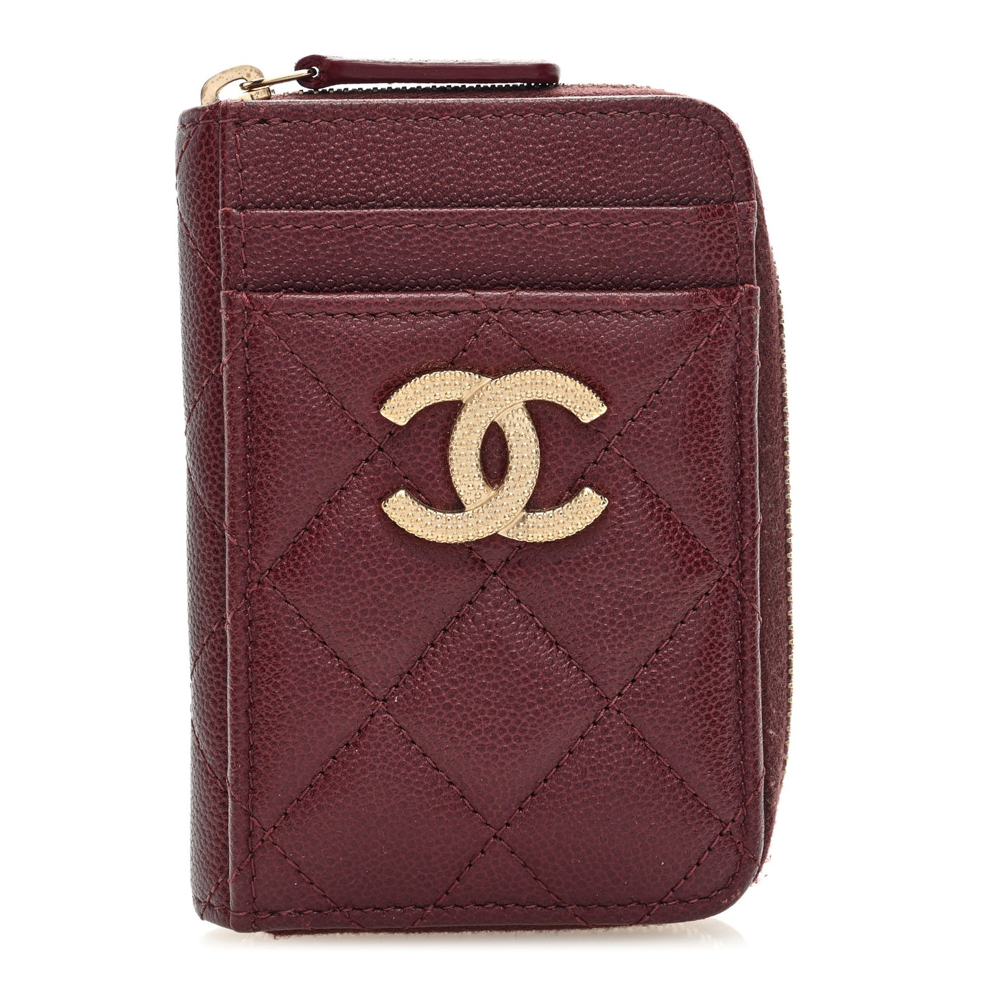Caviar Quilted Studded CC Zip Card Holder Burgundy