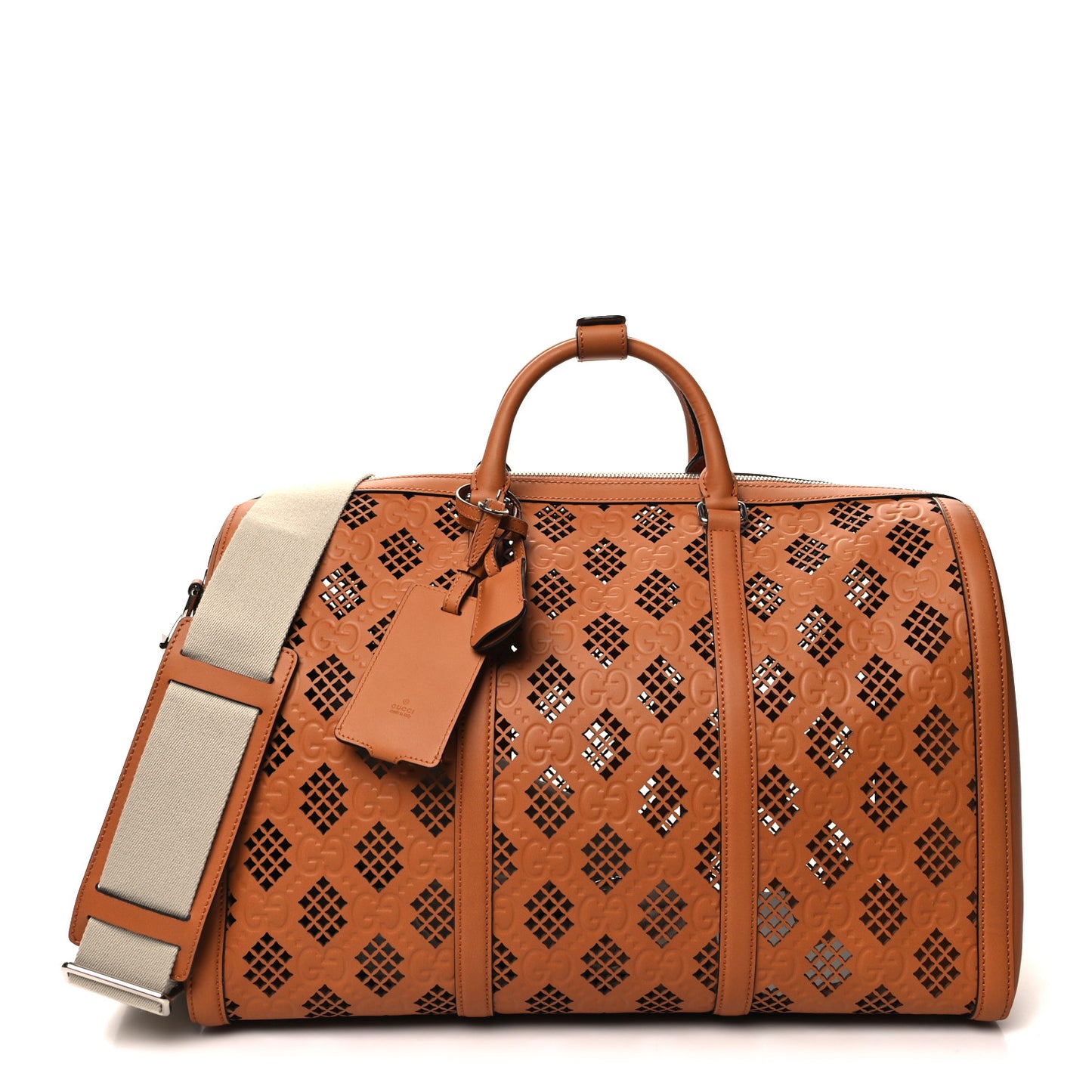Calfskin Cut Out GG Embossed Medium Duffle Bag Harness Brown
