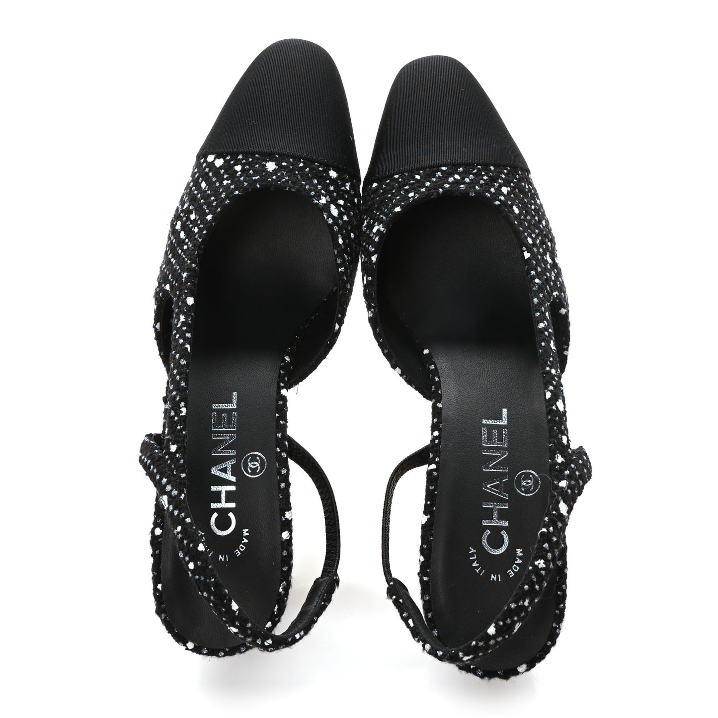 Tweed Grosgrain Cap Toe CC Slingback Pumps 37 Black White