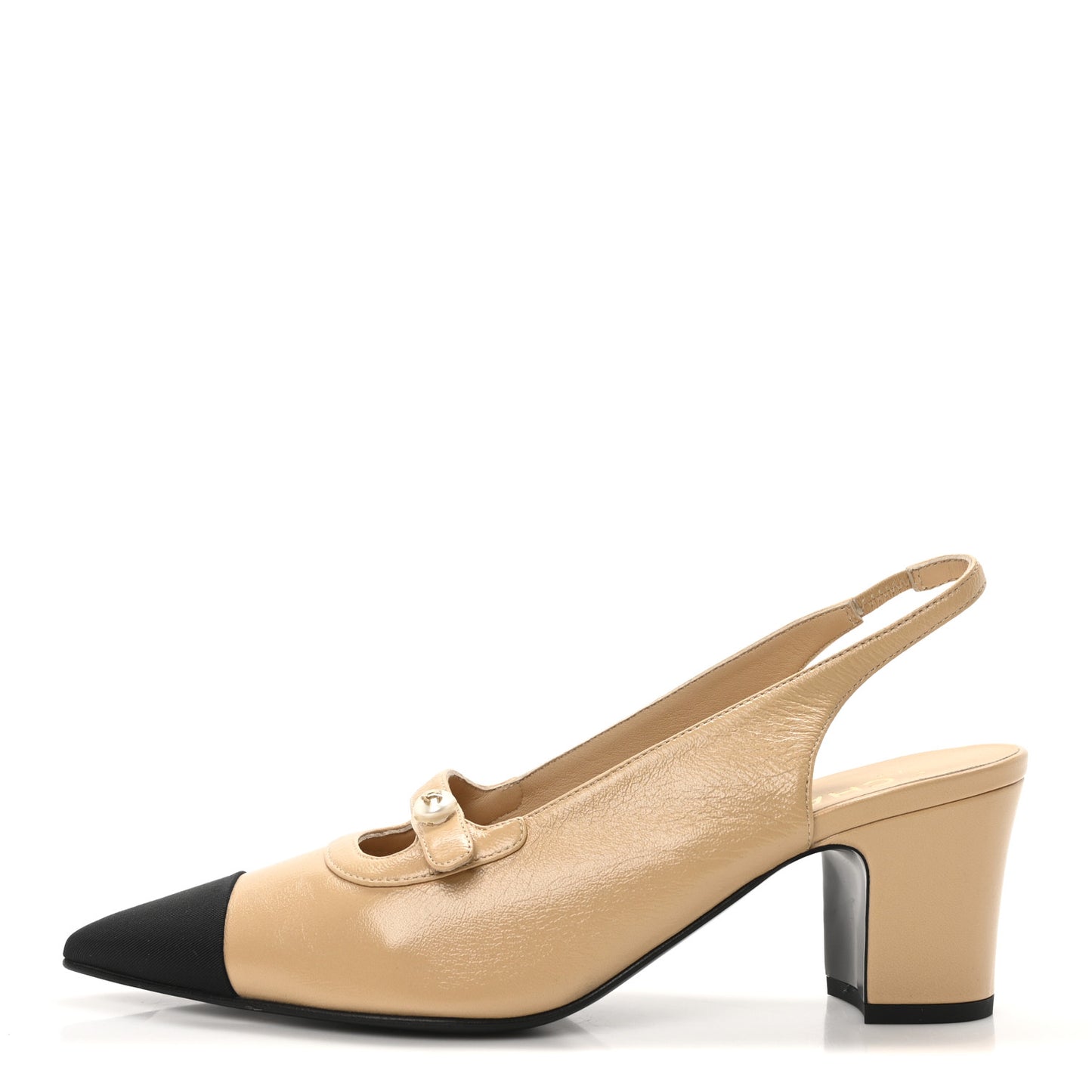 Shiny Lambskin Grosgrain Pointed Toe CC Slingback Pumps 40 Beige Black