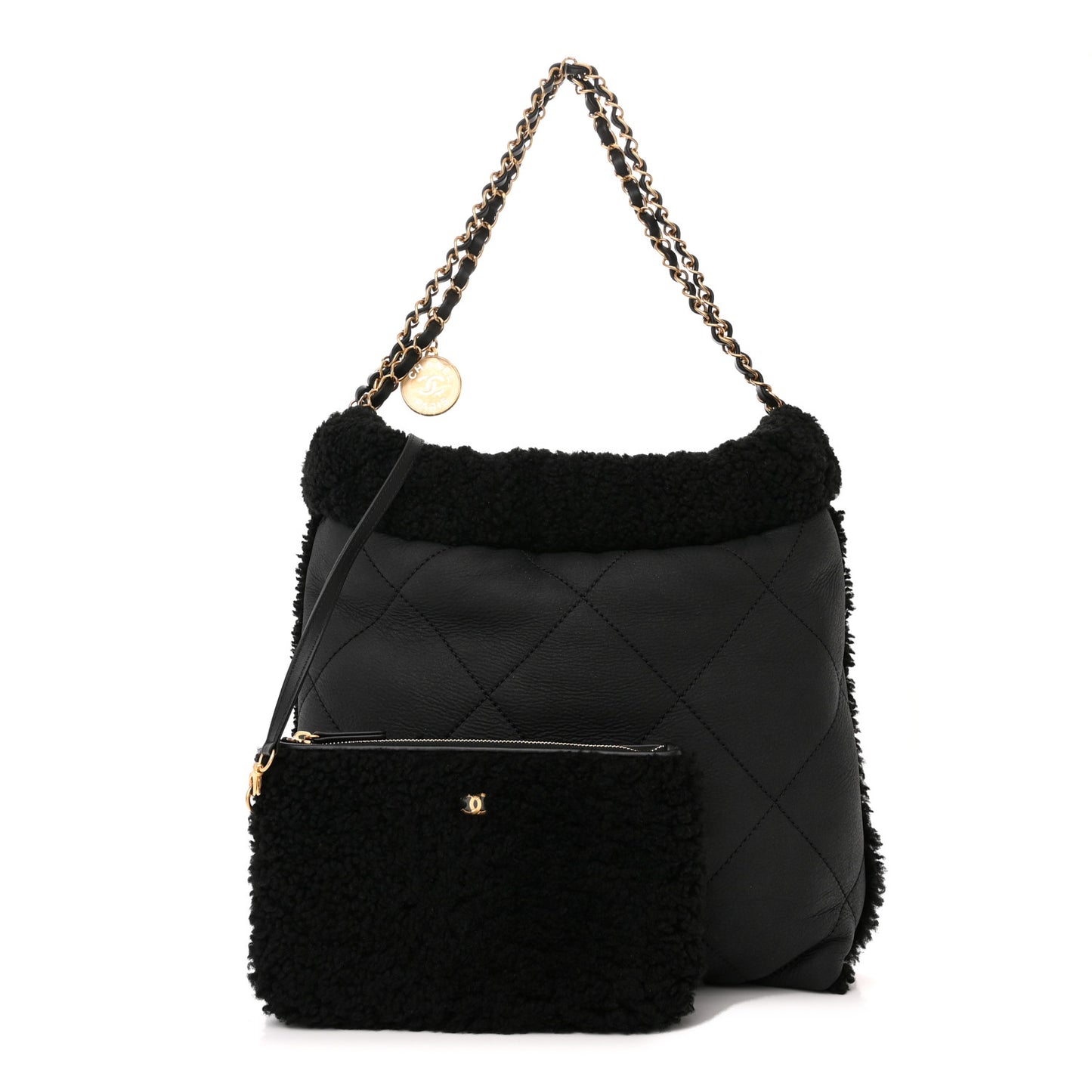 Shearling Aged Lambskin Quilted Small Chanel 22 Black