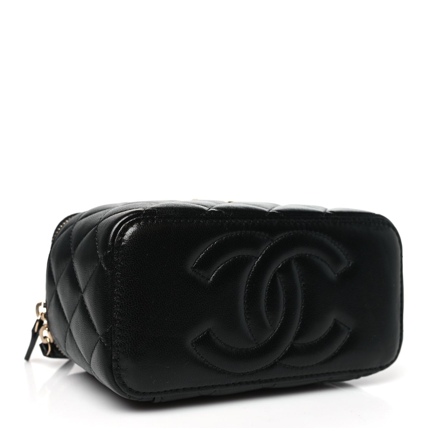 Lambskin Quilted Small Charming Top Handle Vanity Case With Chain Black