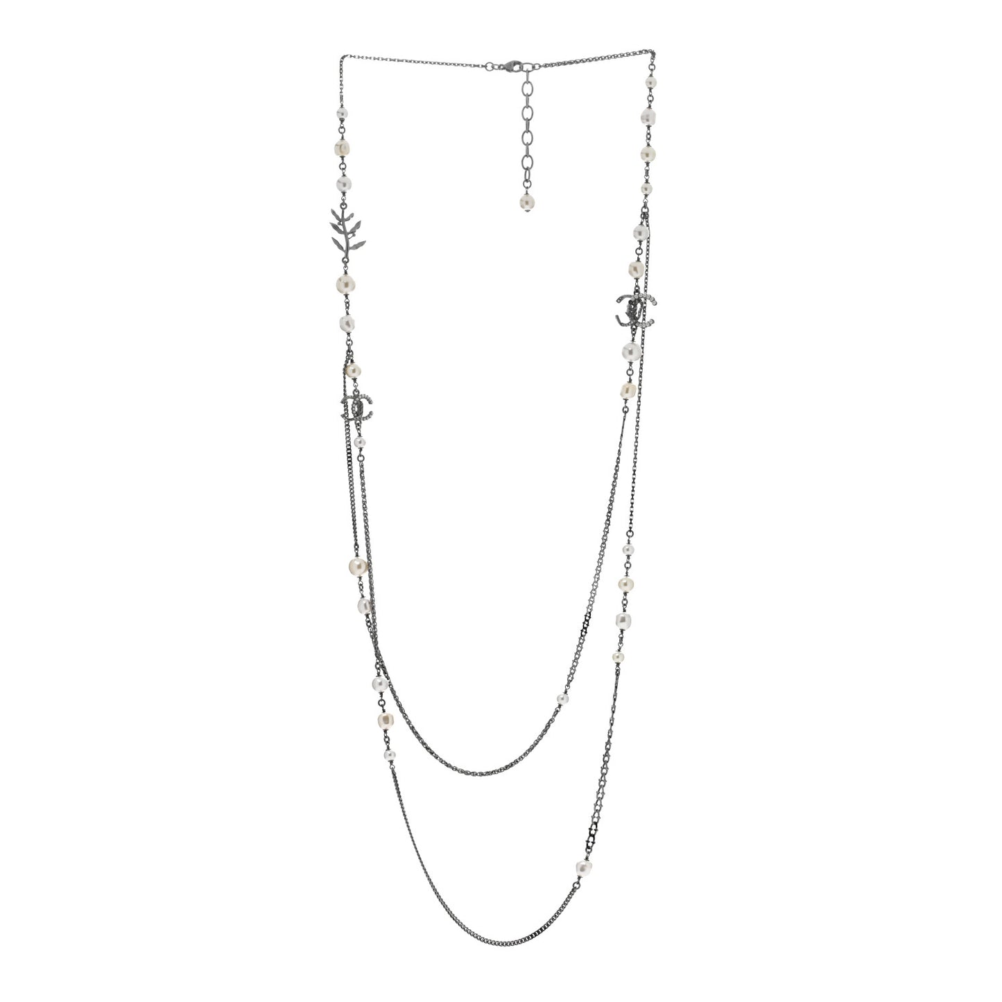 Pearl Crystal CC Leaf Long Necklace Silver