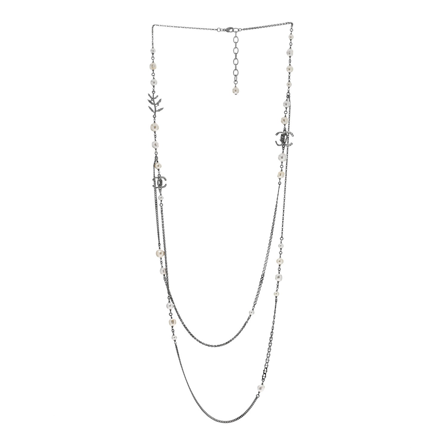 Chanel Pearl Crystal CC Leaf Long Necklace Silver 3 of 5