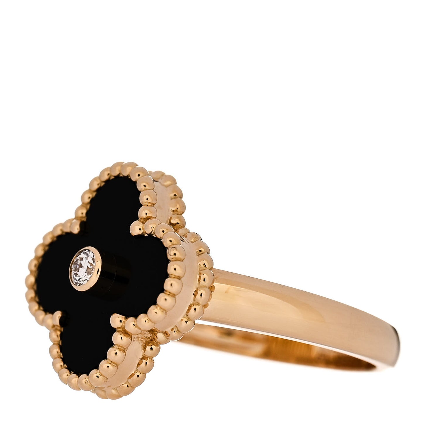 18K Yellow Gold Black Onyx Diamond Vintage Alhambra Ring 53 6.5