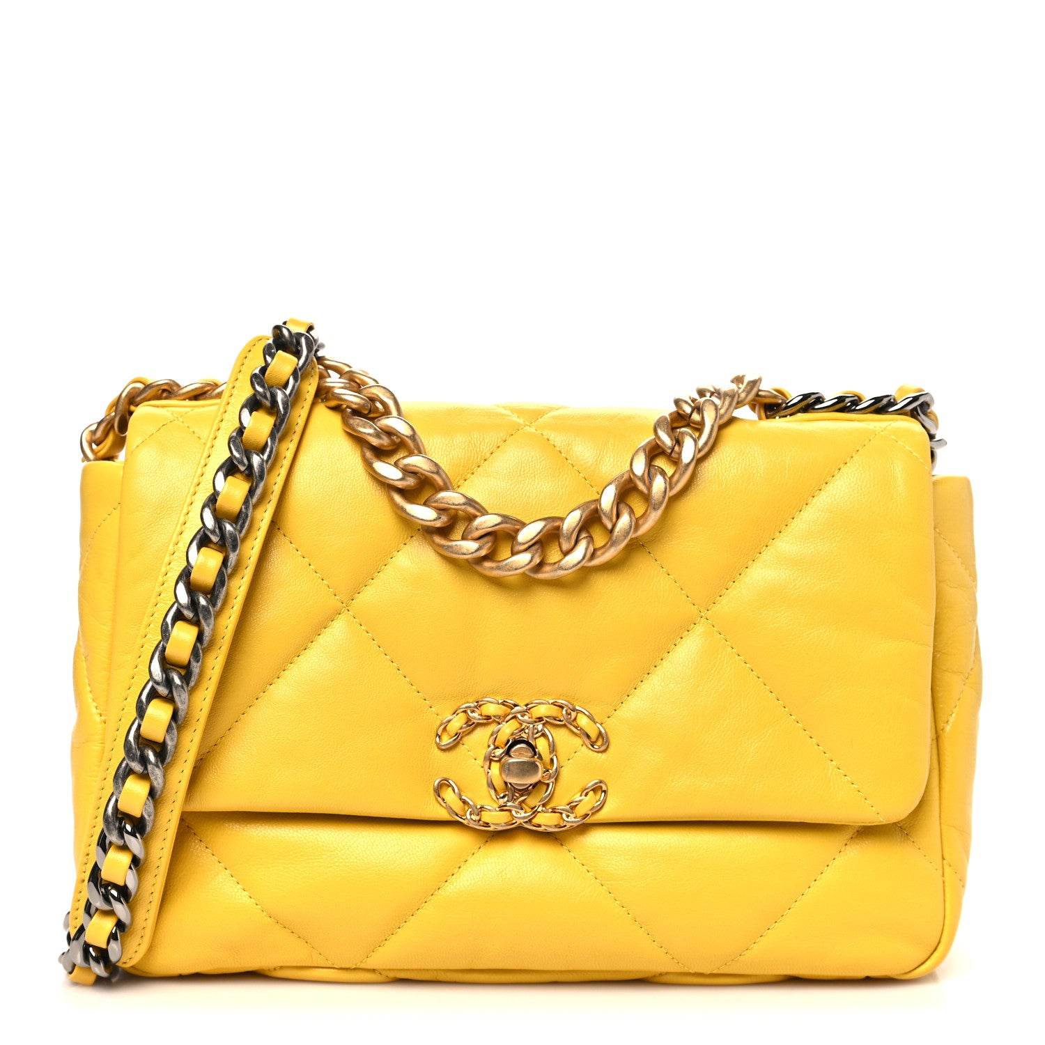 Chanel Shiny Goatskin Quilted Medium Chanel 19 Flap Yellow 1884934