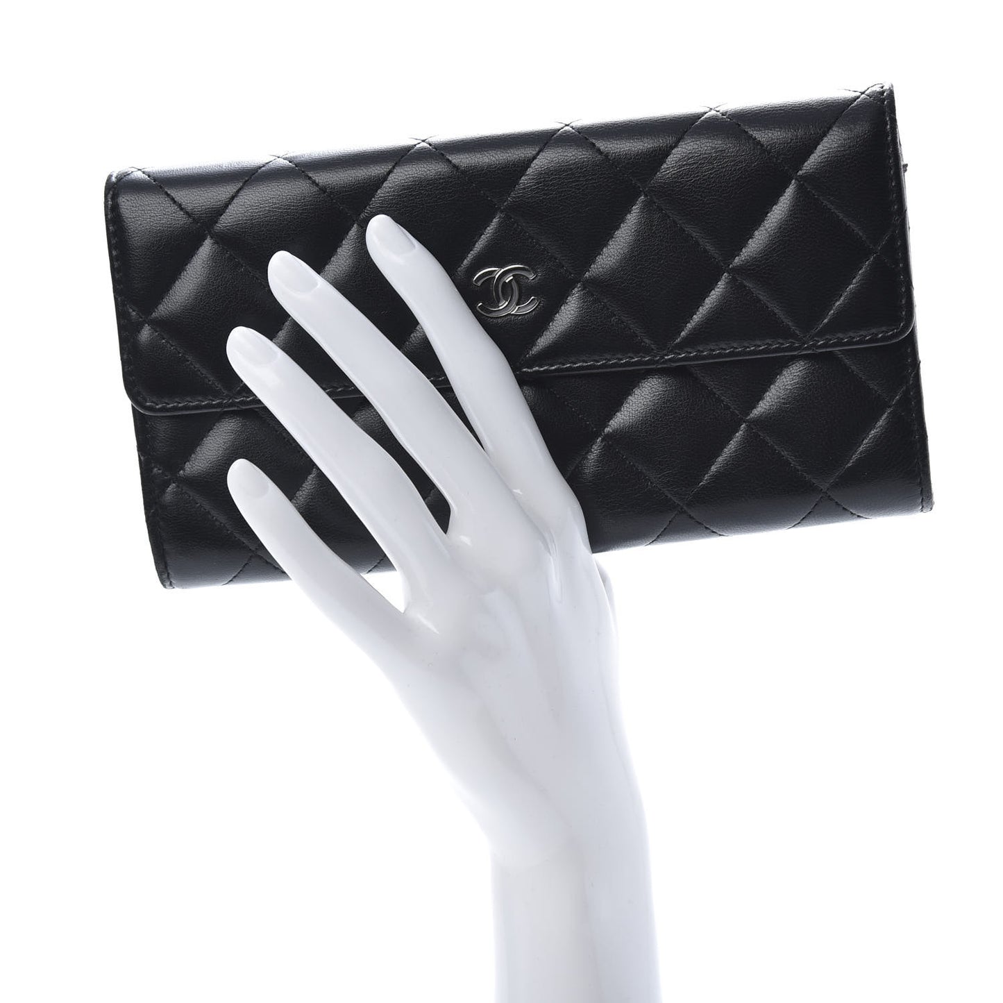 Lambskin Quilted Large Gusset Flap Wallet Black