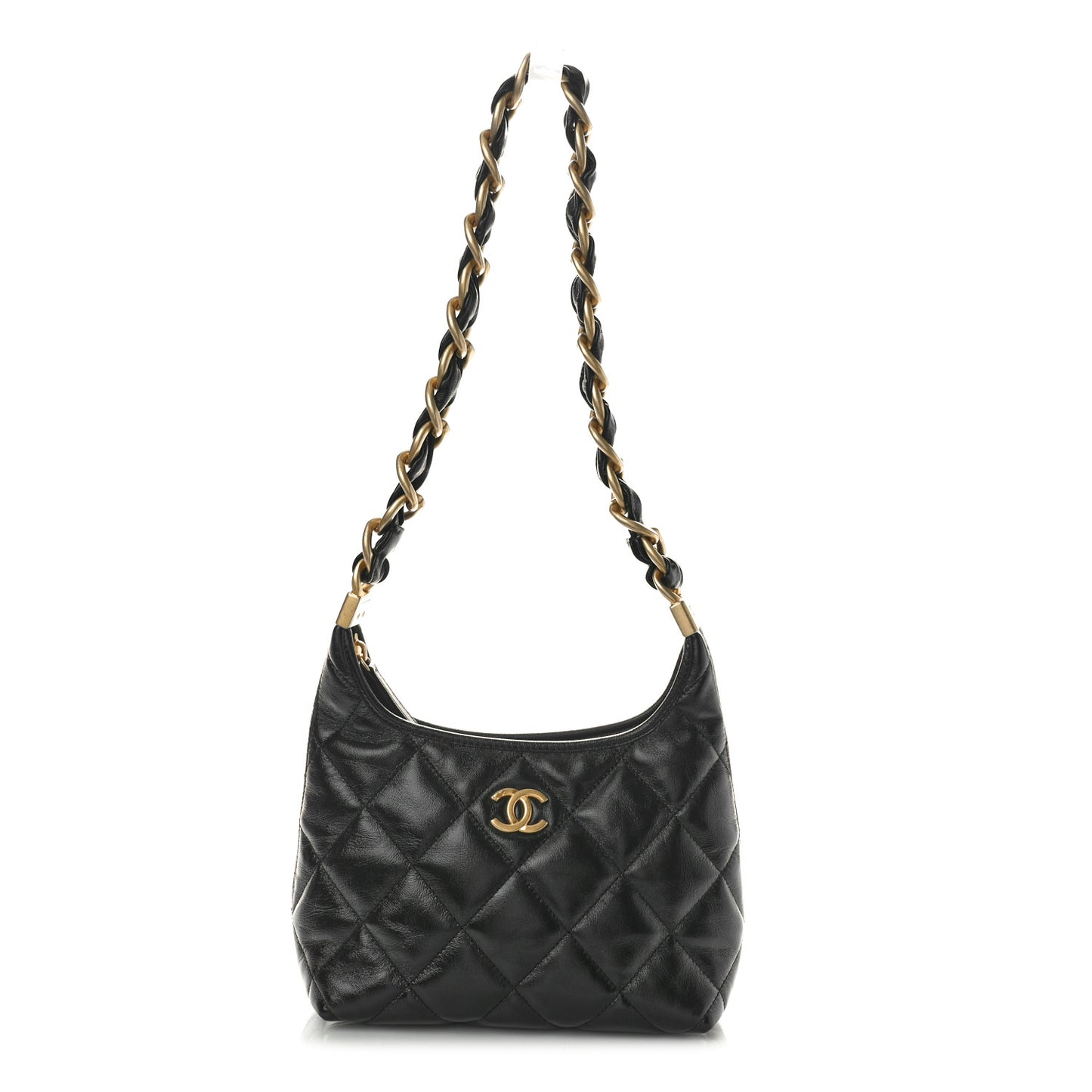 Shiny Crumpled Lambskin Quilted Small CC Funky Town Hobo Black