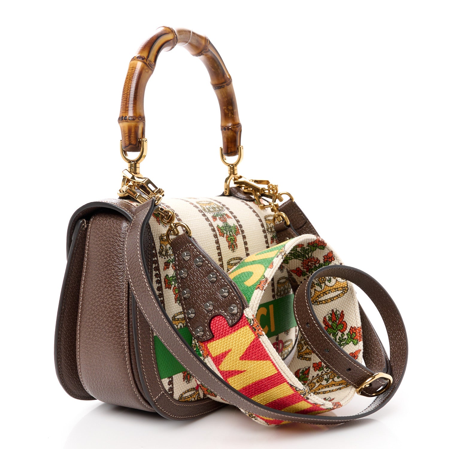 Gucci Canvas Calfskin 100 Centennial Music Medium Bamboo 1947 Top Handle Bag Multicolor 4 of 12