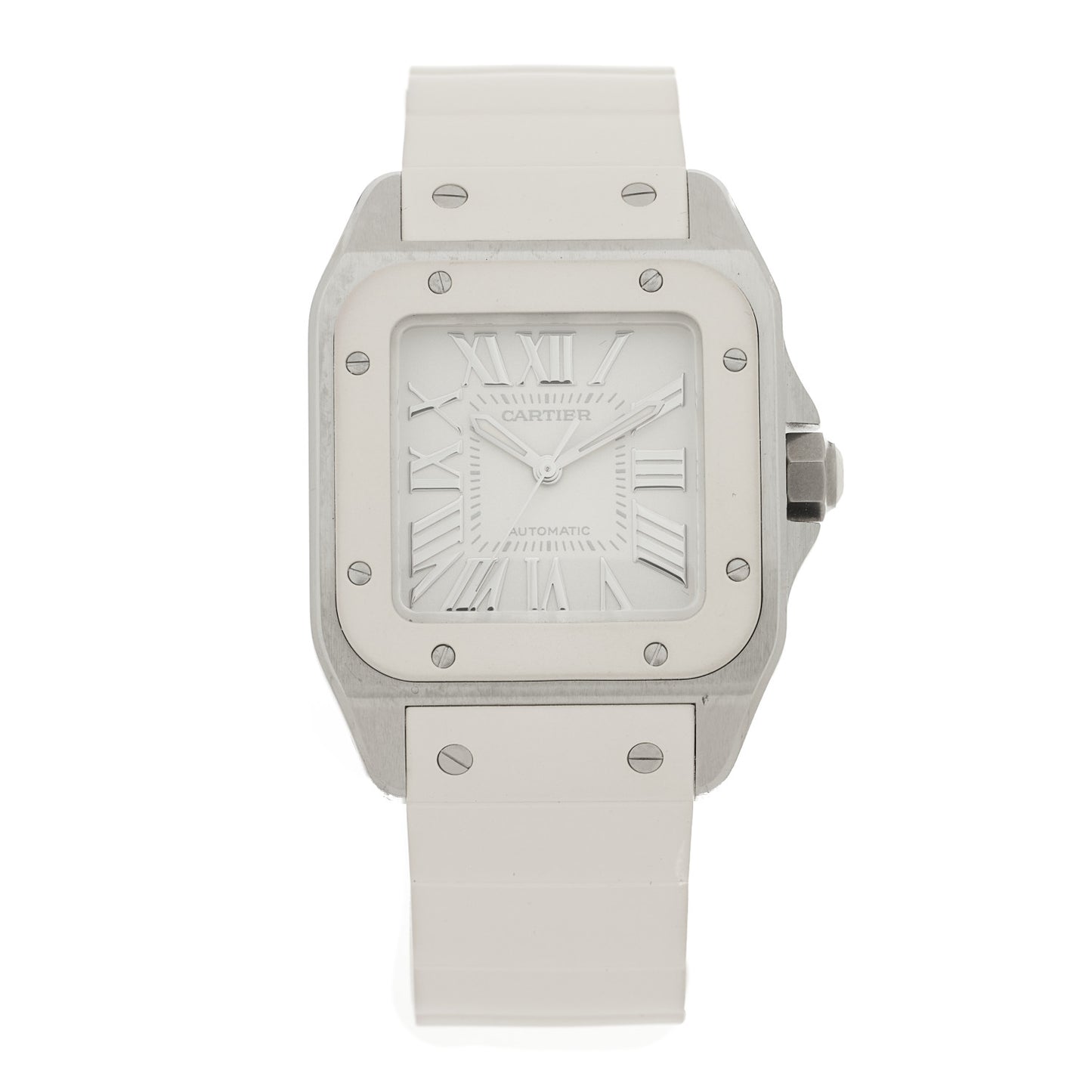 Stainless Steel Rubber 33mm Santos 100 Automatic Watch White