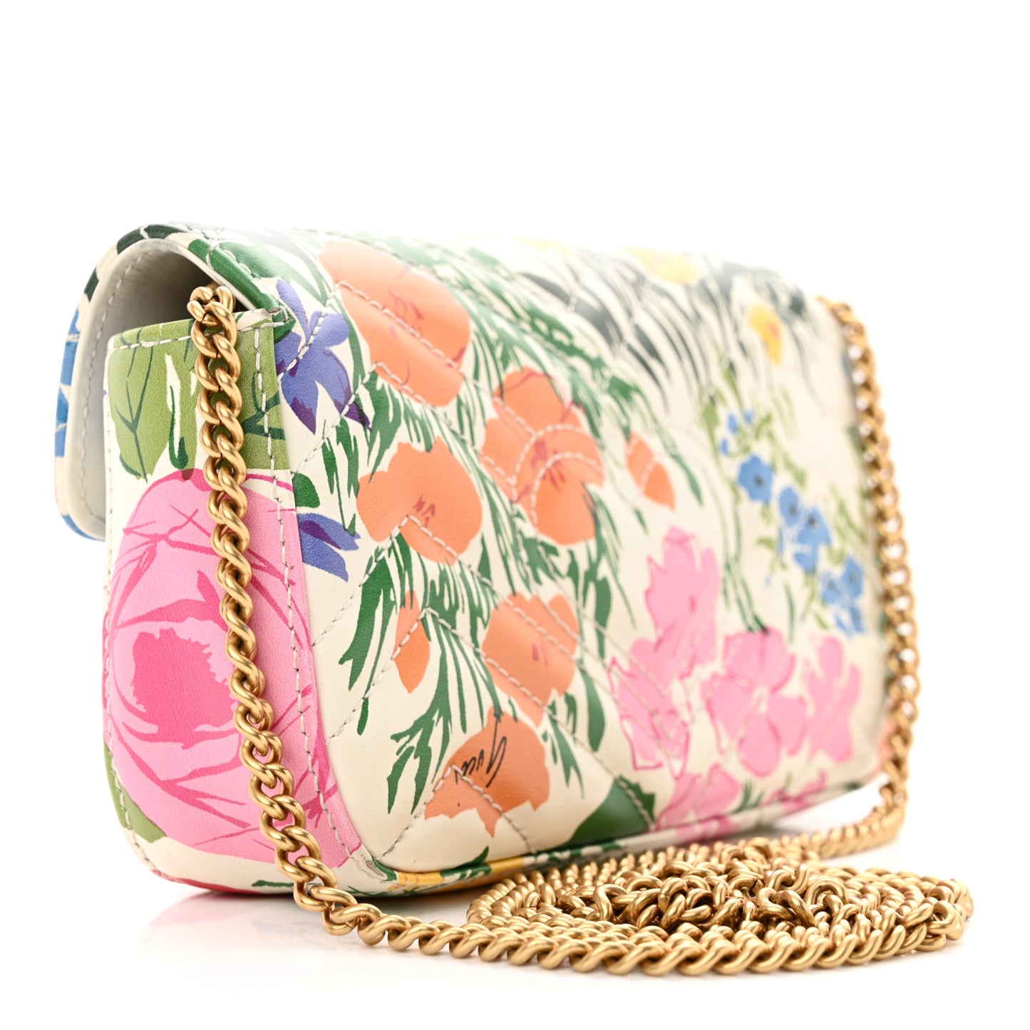 X KEN SCOTT Calfskin Matelasse Floral Print Super Mini GG Marmont Shoulder Bag Ivory Pink
