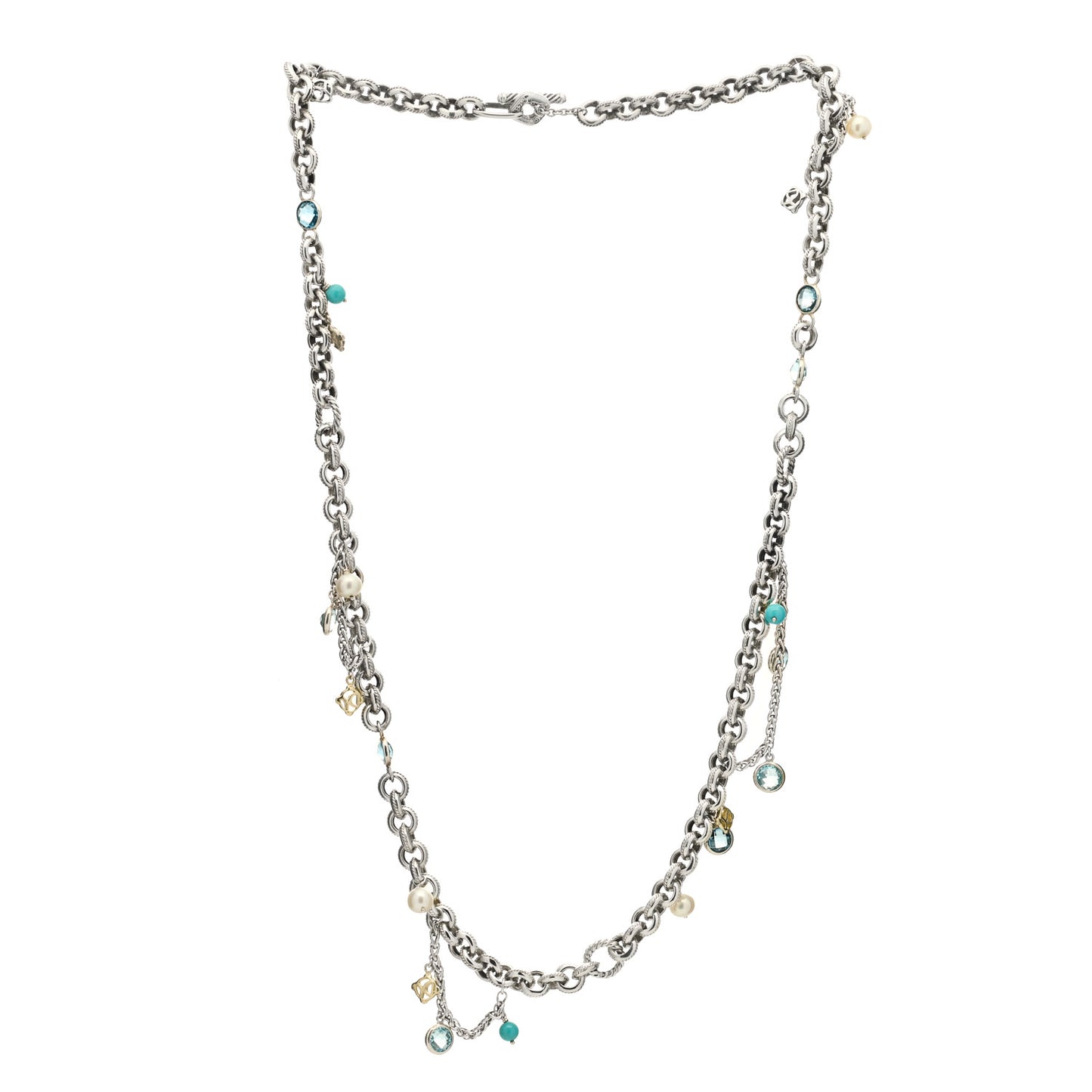 Sterling Silver 18K Yellow Gold Blue Topaz Turquoise Pearl Old World Charm Necklace