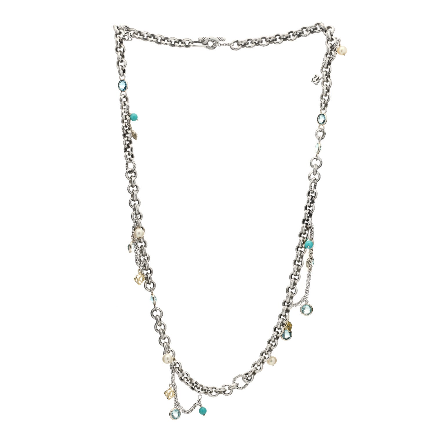 David Yurman Sterling Silver 18K Yellow Gold Blue Topaz Turquoise Pearl Old World Charm Necklace 3 of 5
