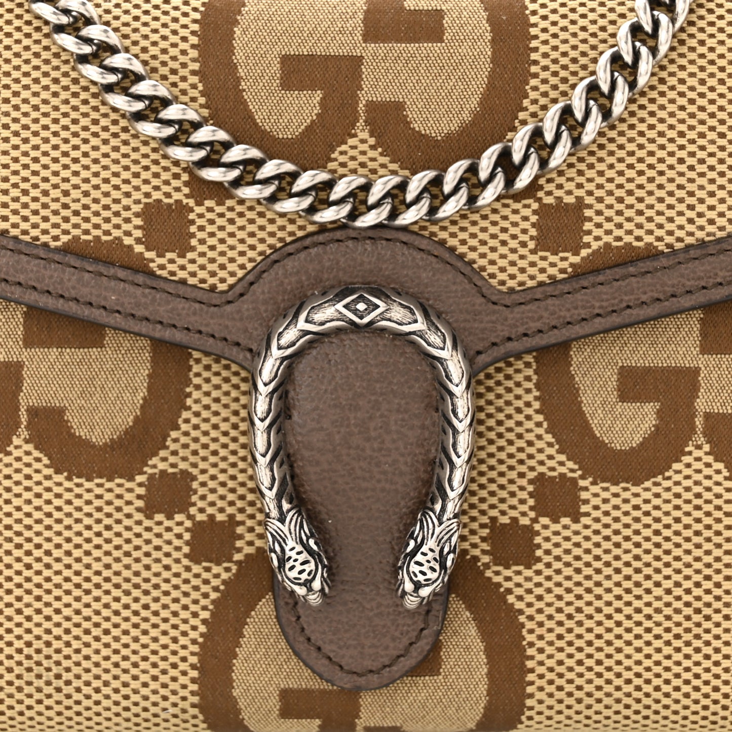 Monogram Jumbo GG Textured Dollar Calfskin Mini Dionysus Chain Wallet Camel Ebony New Acero