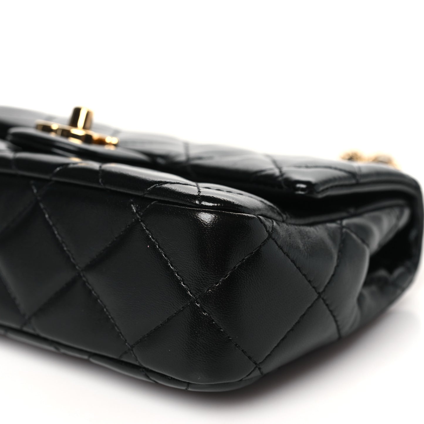 Shiny Lambskin Quilted Golden Links Top Handle Flap Black