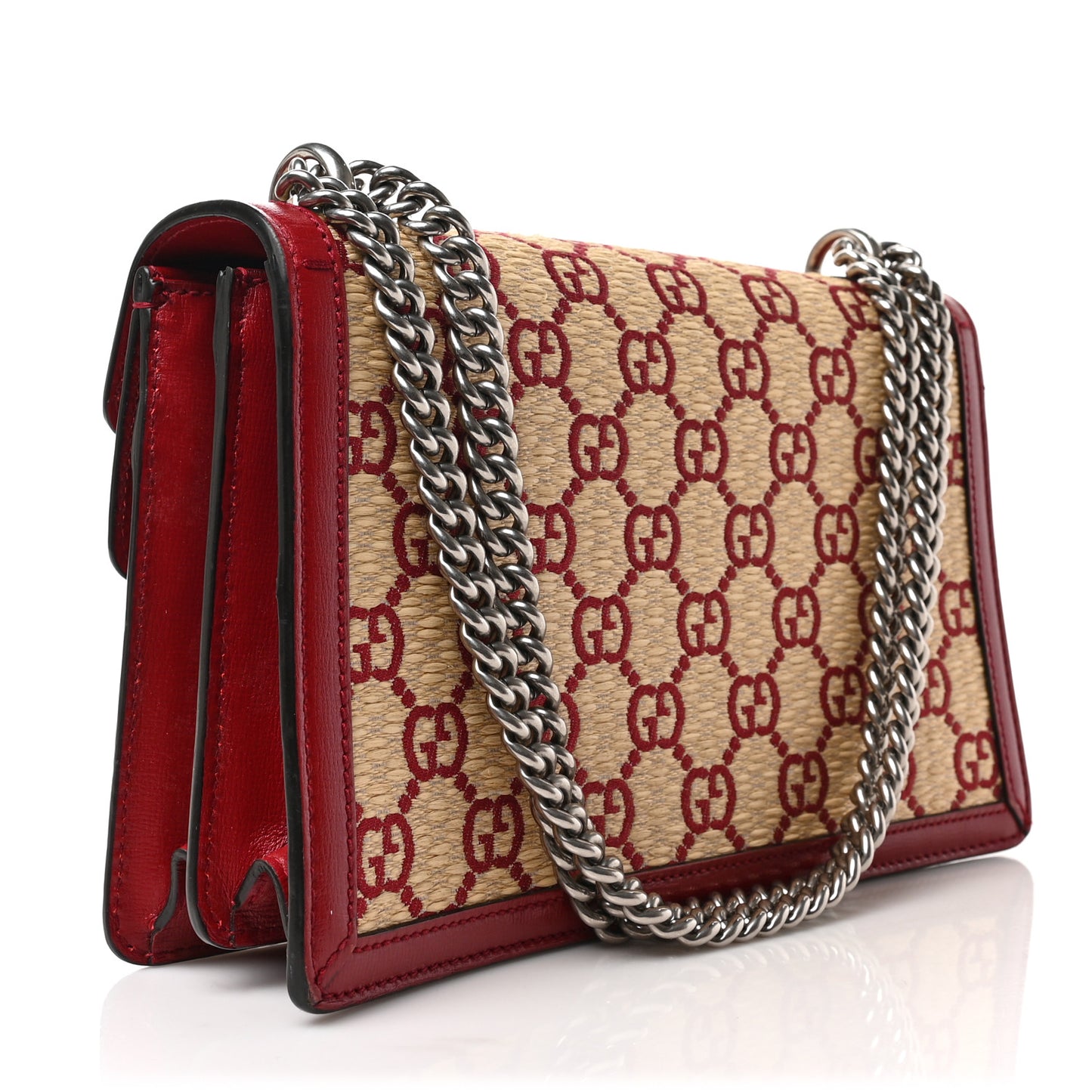 Straw Jacquard Azalea Calfskin GG Monogram Small Dionysus Shoulder Bag Natural New Cherry Red