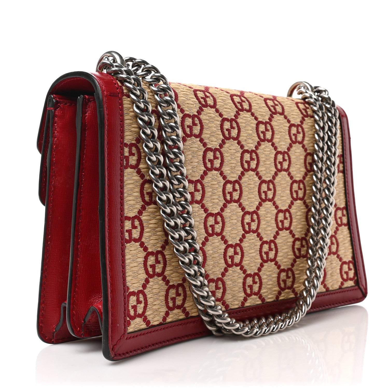 Gucci Straw Jacquard Azalea Calfskin GG Monogram Small Dionysus Shoulder Bag Natural New Cherry Red 3 of 9