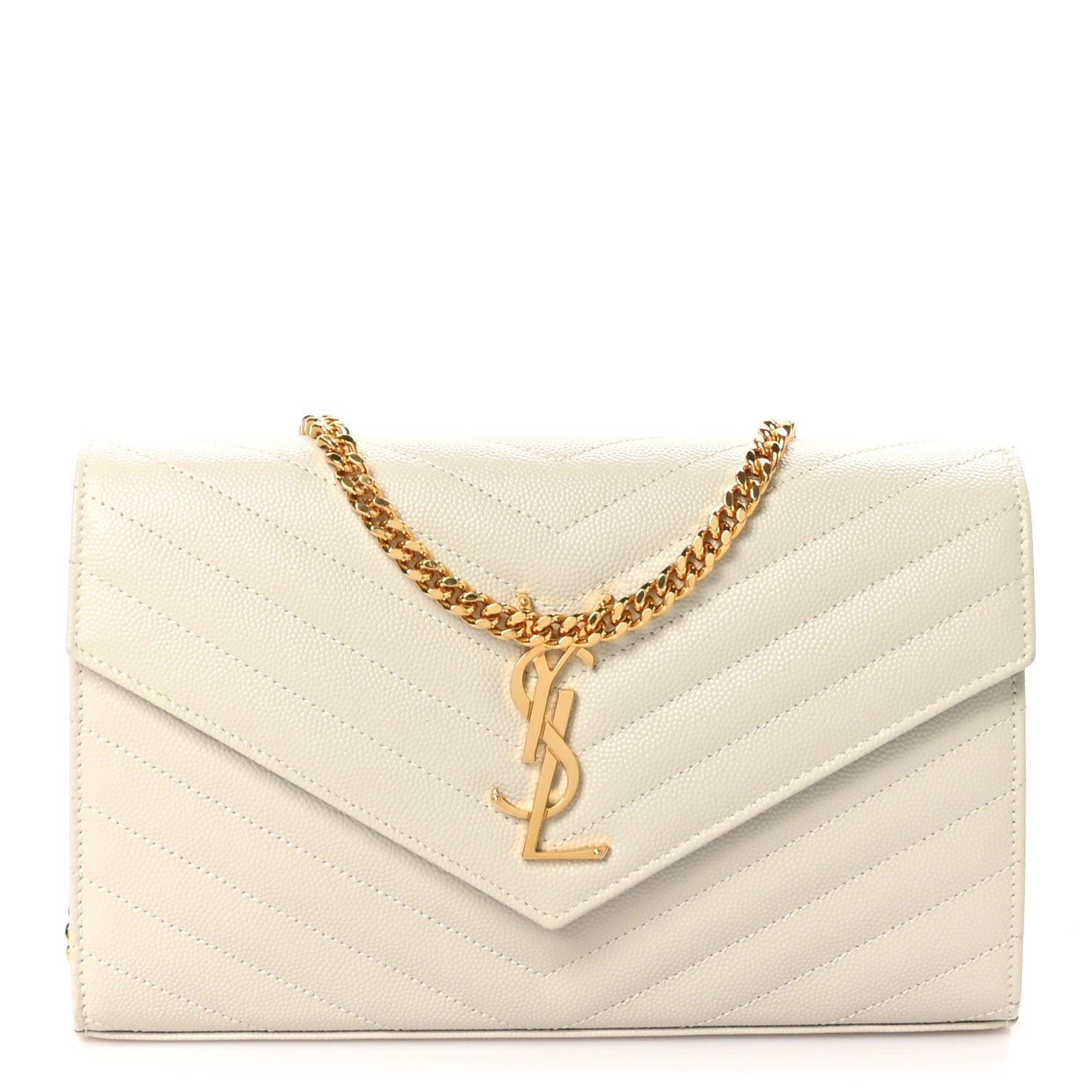 Saint Laurent Grain De Poudre Matelasse Chevron Monogram Chain Wallet Crema Soft 1 of 10