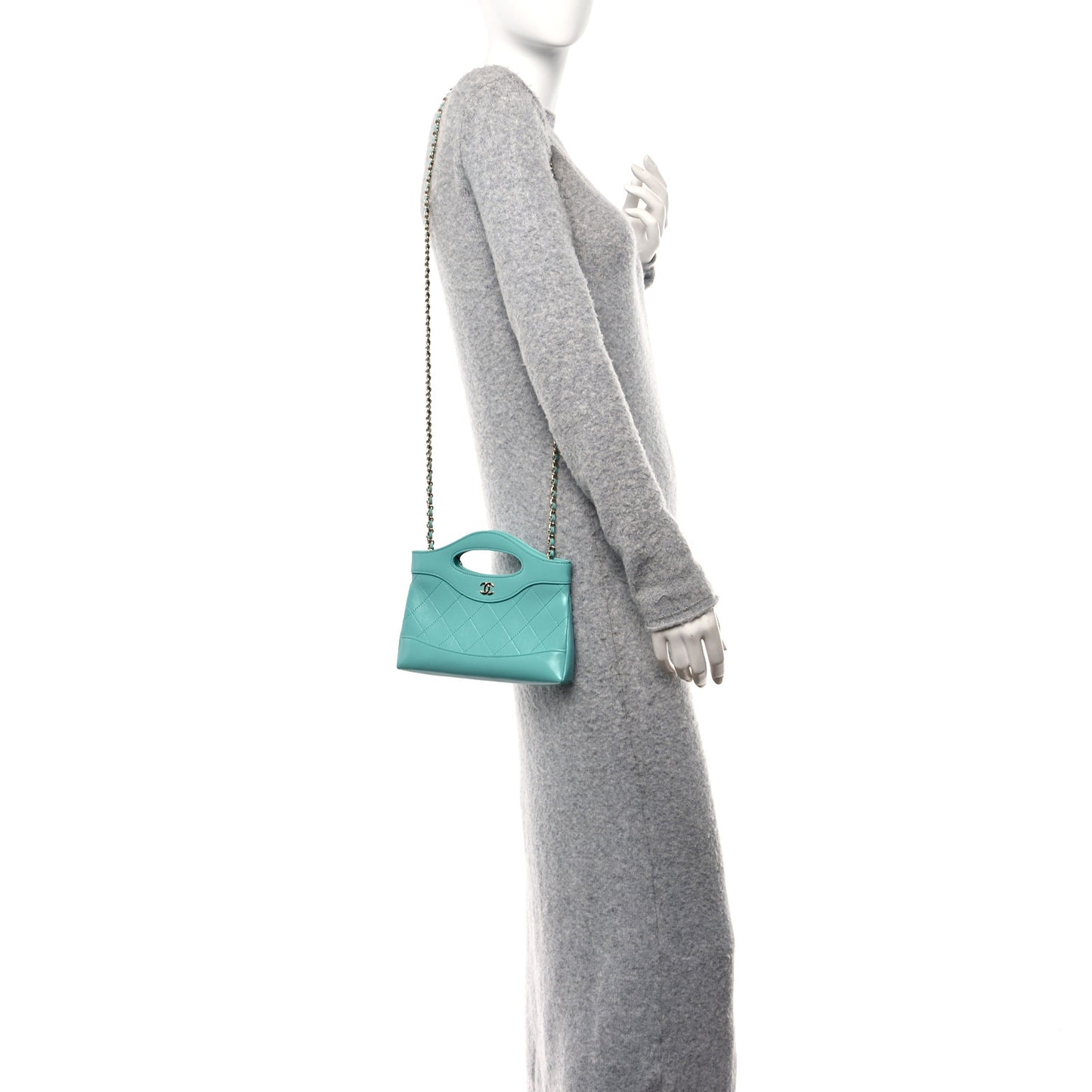 Shiny Crumpled Calfskin Quilted Nano 31 Shopping Bag Turquoise