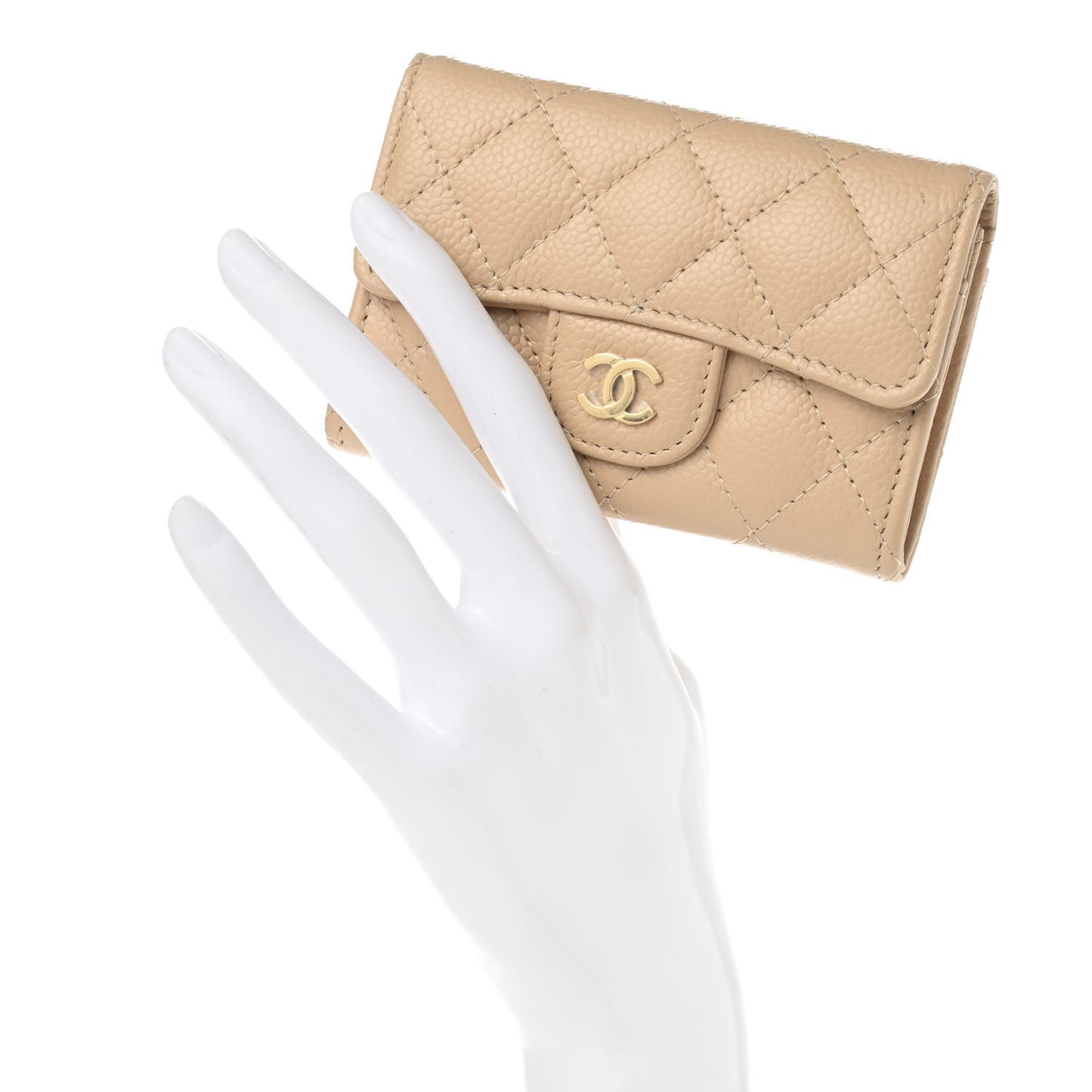 Caviar Quilted Flap Card Holder Wallet Beige