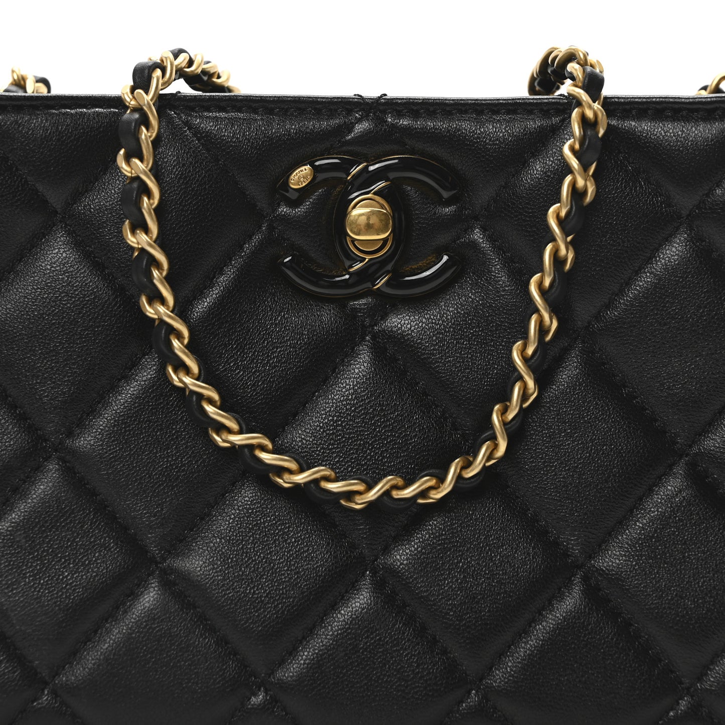 Lambskin Quilted Enamel Mini Shopping Bag Black