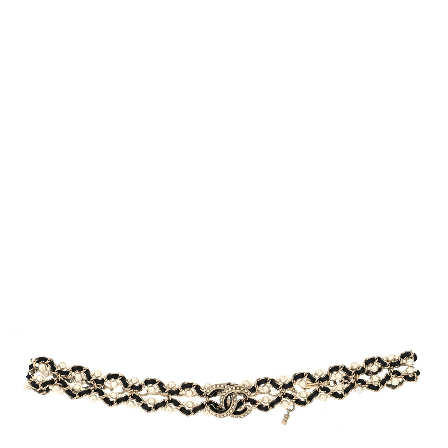Pearl Lambskin CC Chain Twist Choker Necklace Black Gold