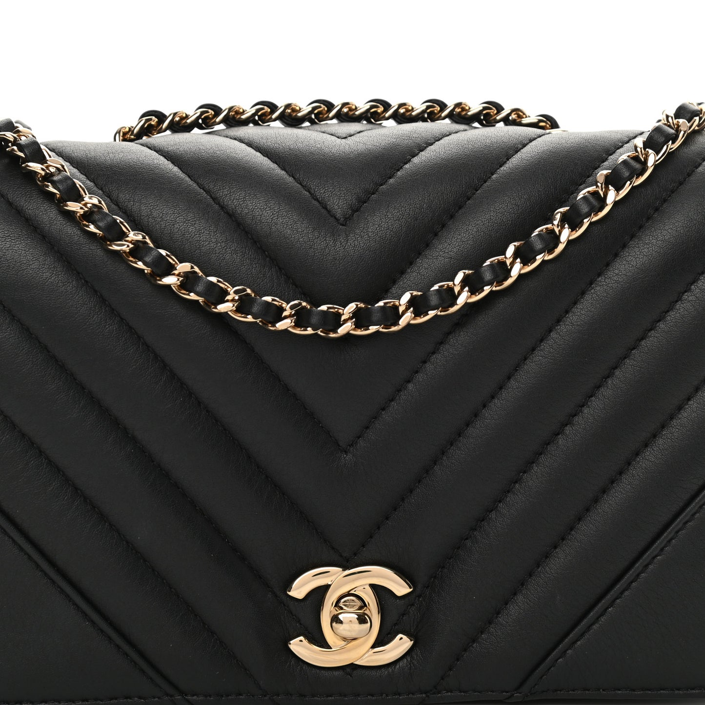 Calfskin Chevron Quilted Mini Statement Flap Black